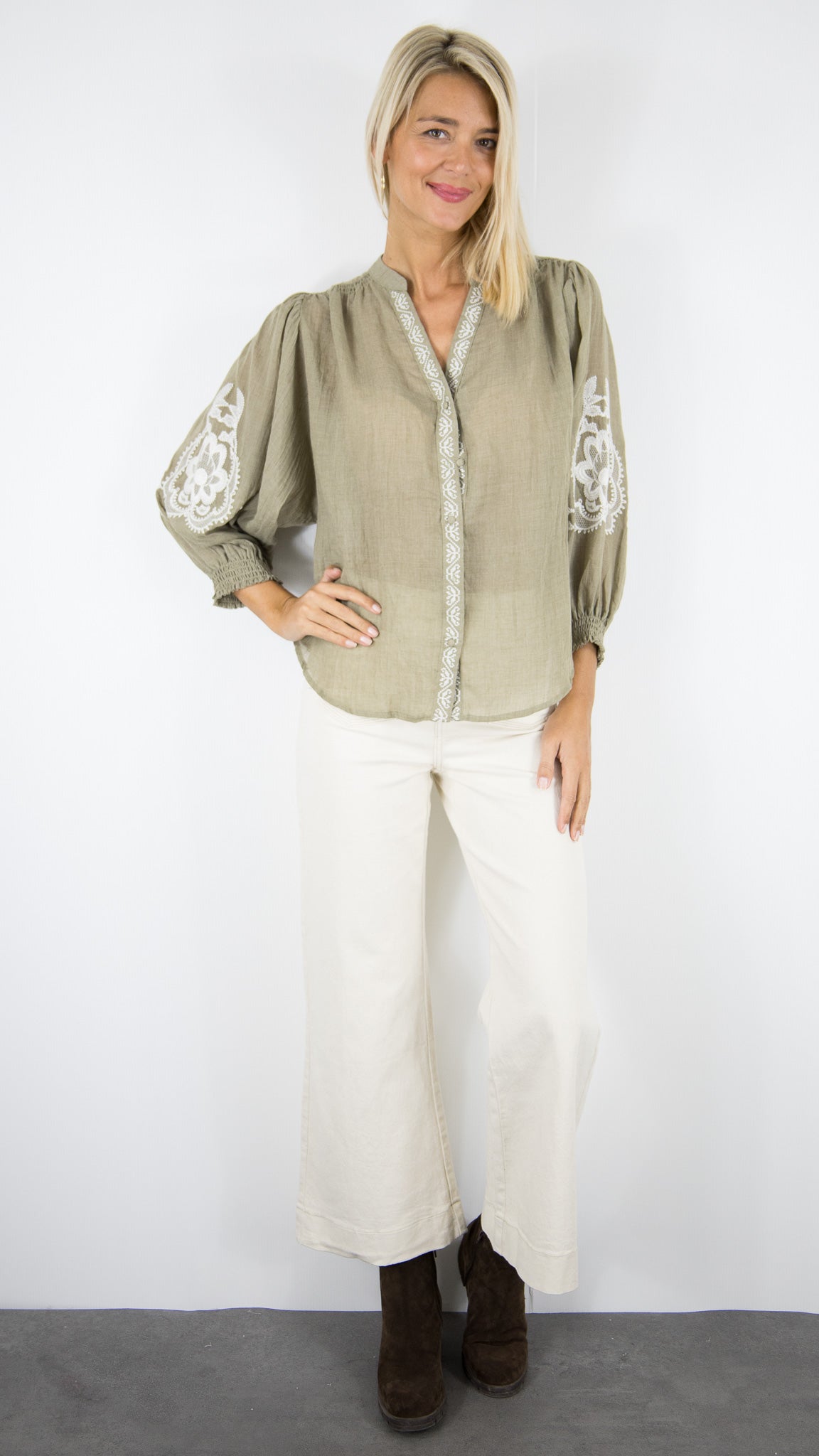 BLOUSE BRODEE KAKI POUR FEMME  YCOO 4719A 