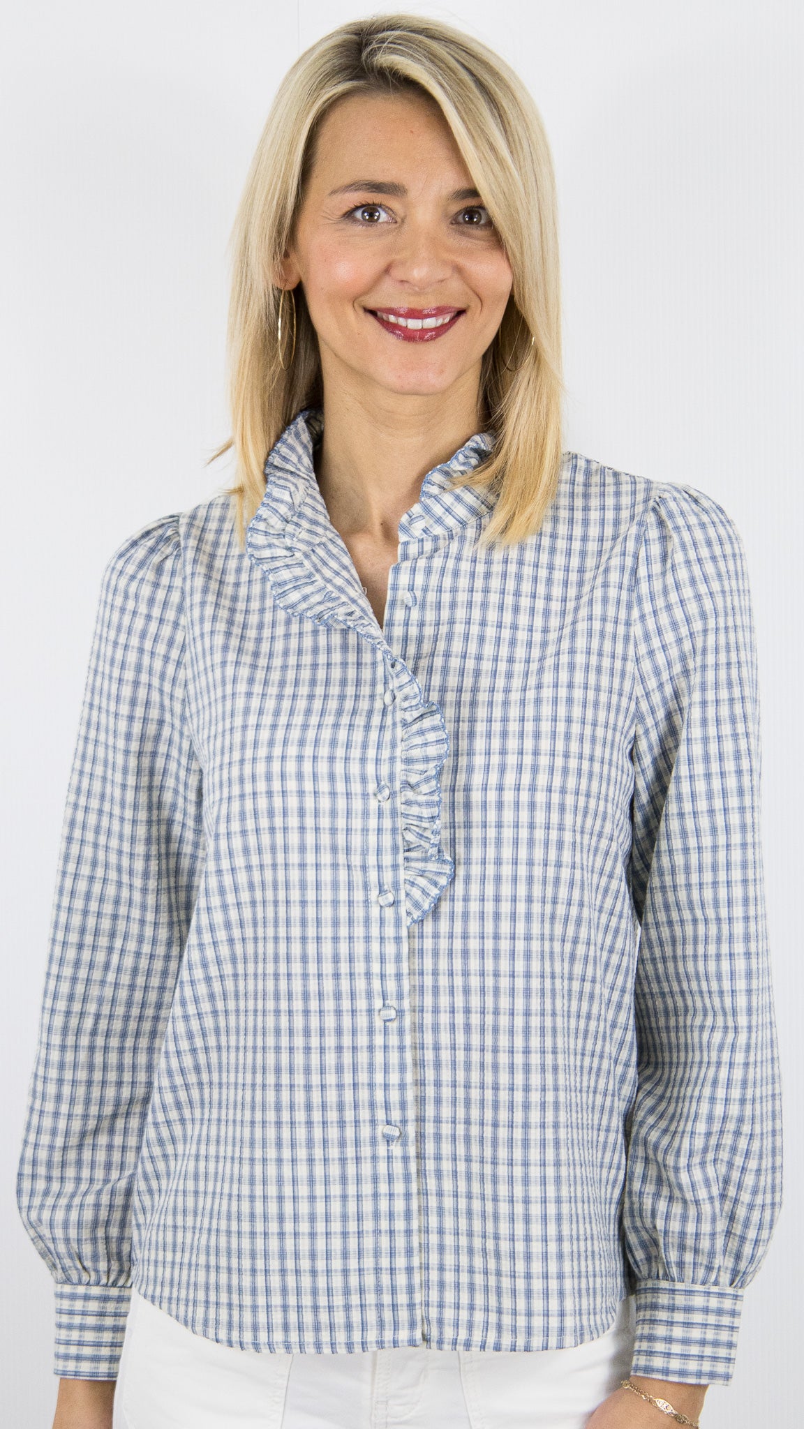 BLOUSE A CARREAUX BLEU ECRU EN COTON POUR FEMME YCOO 4787B 