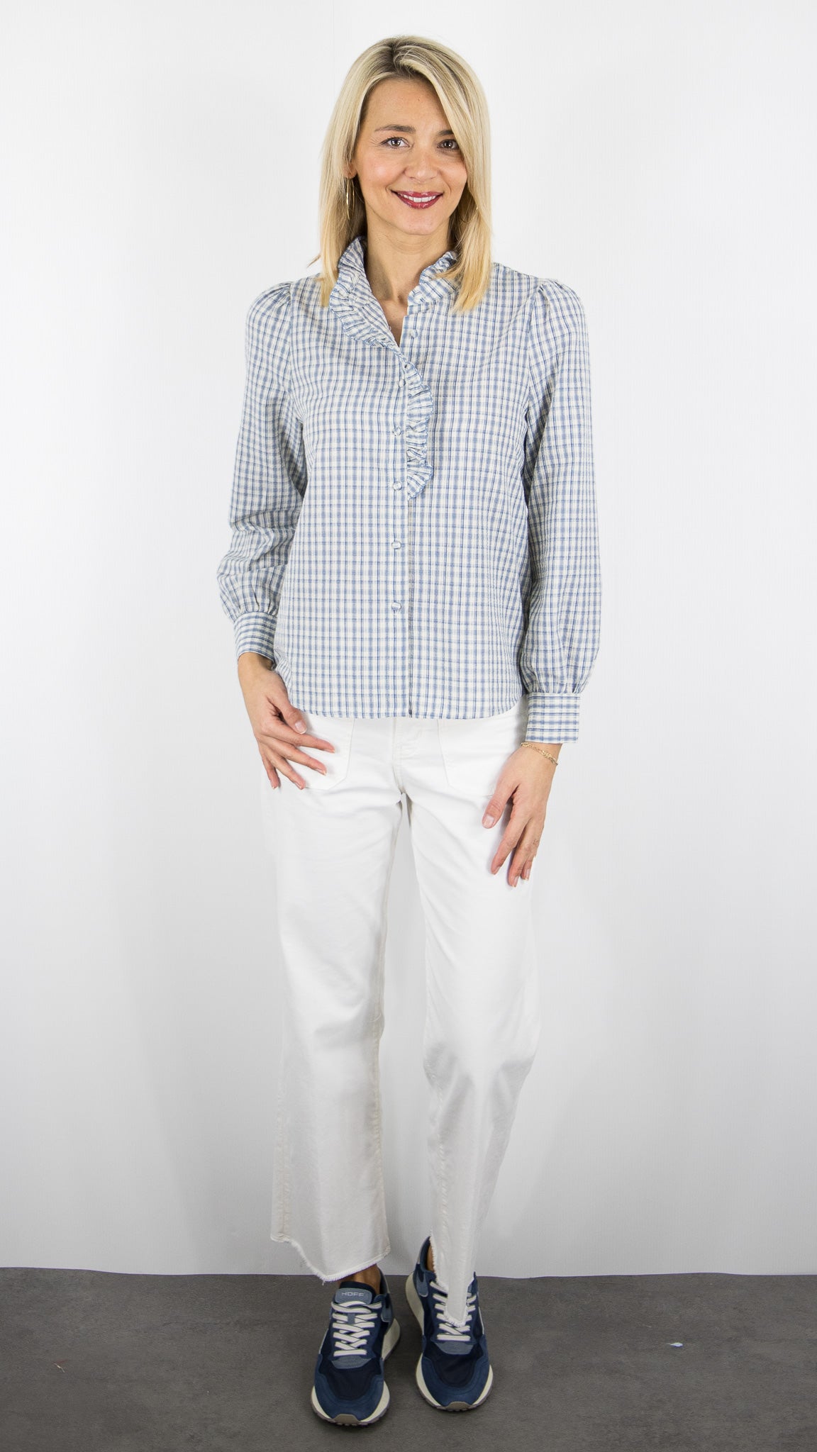 BLOUSE A CARREAUX BLEU ECRU EN COTON POUR FEMME YCOO 4787B 