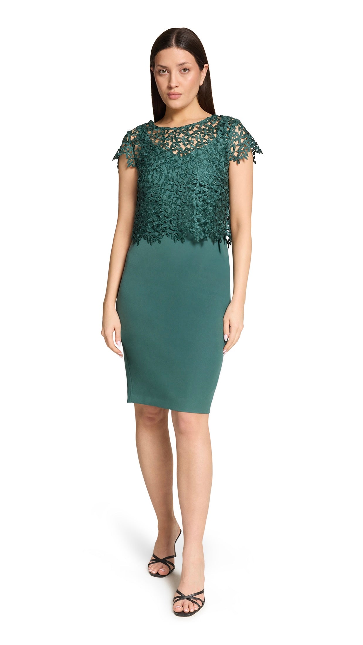 ROBE ET BOLERO DE CEREMONIE EN DENTELLE VERT EMERAUDE VERA MONT 5158/4031