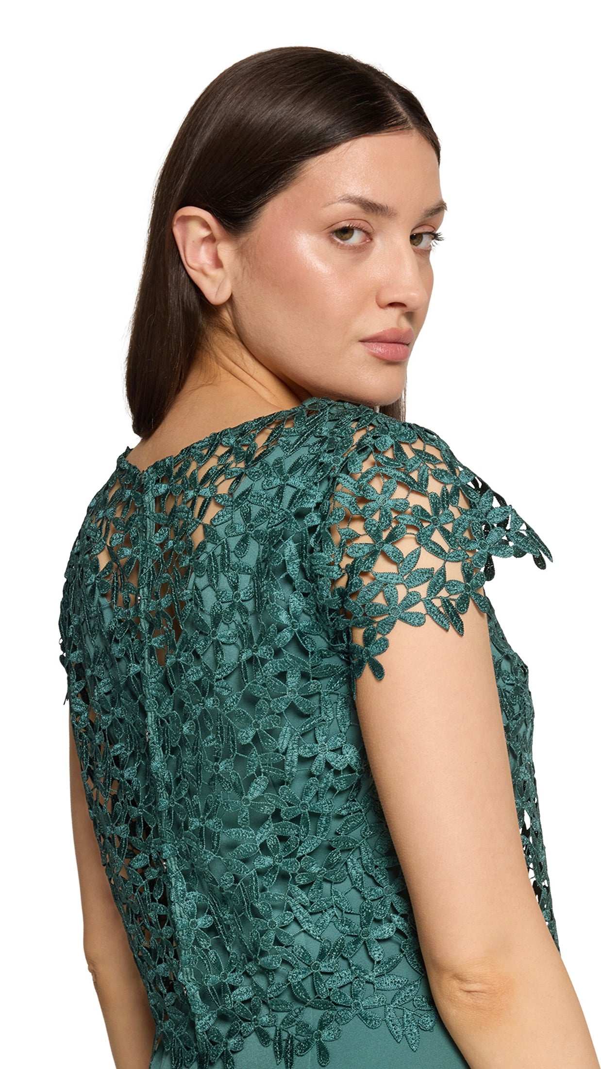 ROBE ET BOLERO DE CEREMONIE EN DENTELLE VERT EMERAUDE VERA MONT 5158/4031