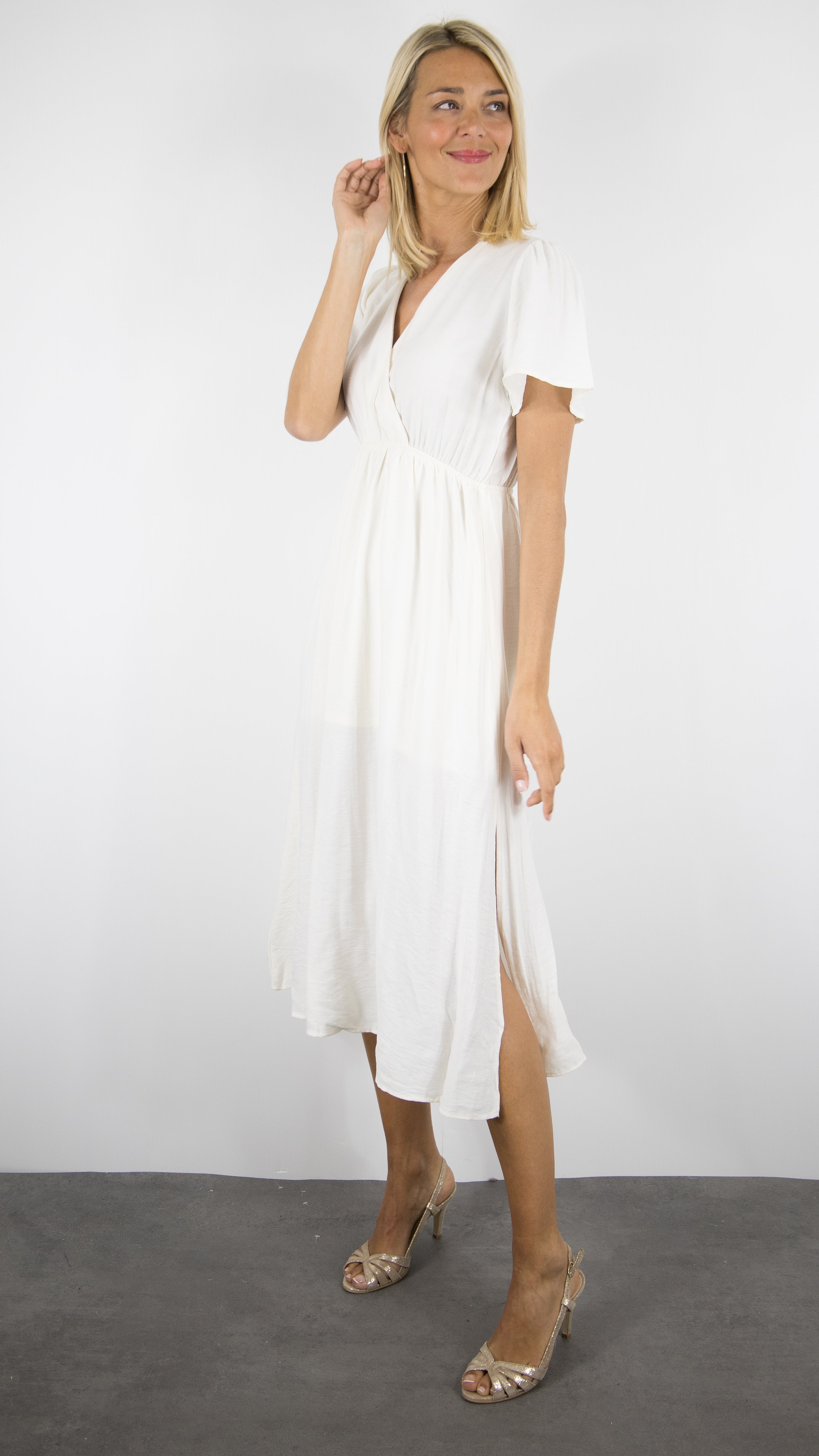 ROBE MIDI D'ETE COL V FLUIDE ECRUE LILI ET LALA 5192