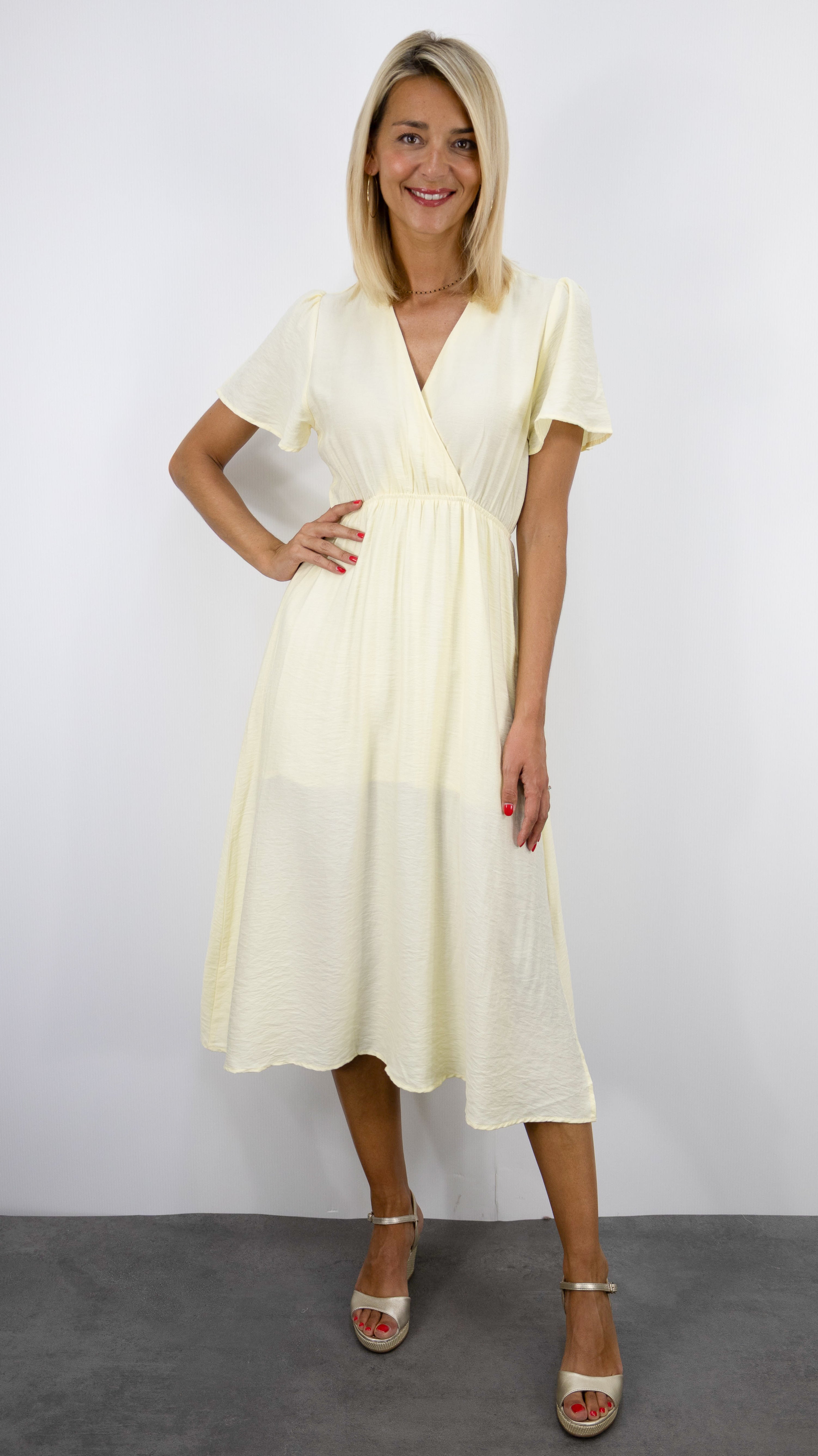 ROBE MIDI D'ETE COL V FLUIDE ECRUE LILI ET LALA 5192#COLOR_JAUNE
