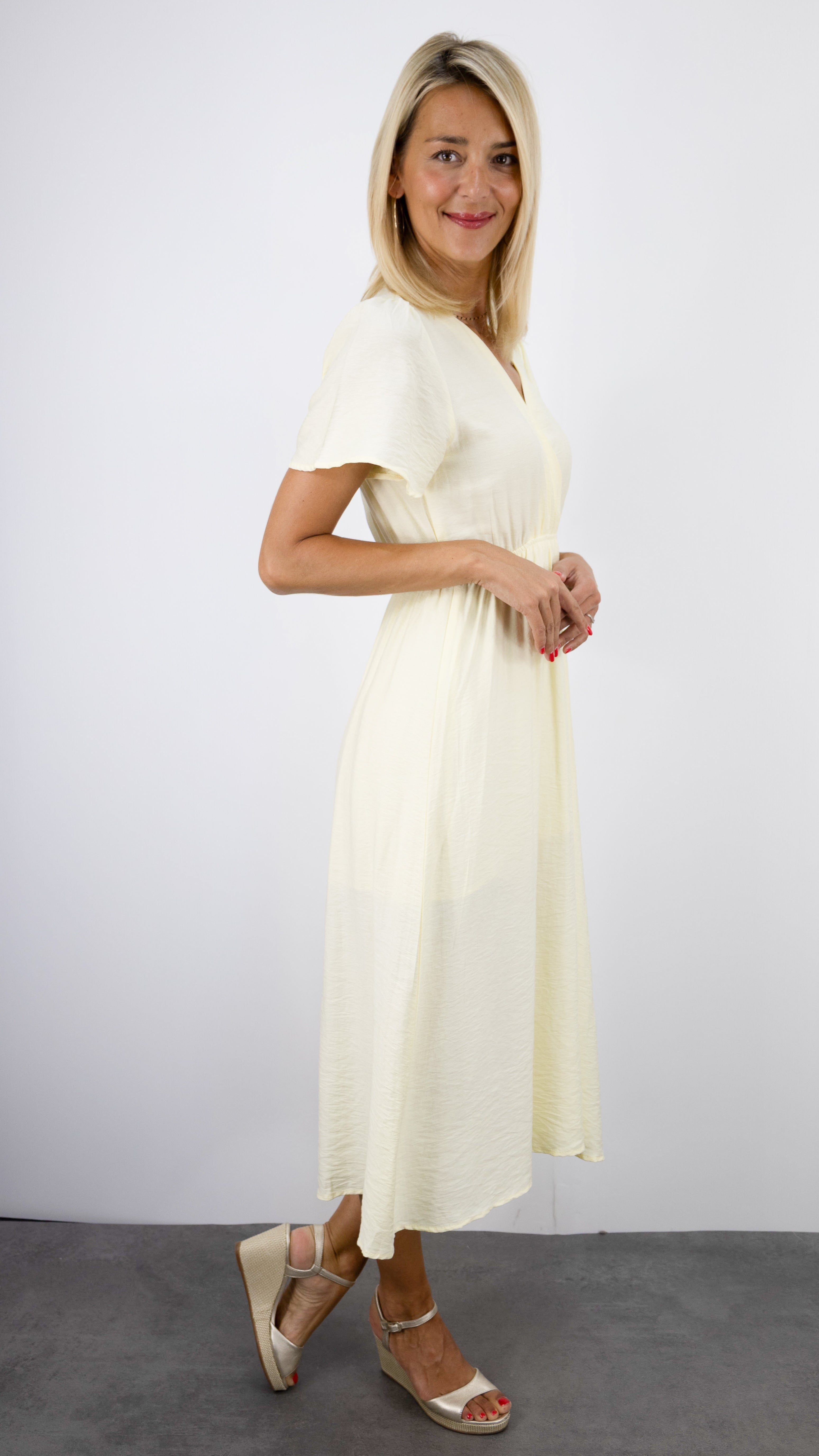 ROBE MIDI D'ETE COL V FLUIDE ECRUE LILI ET LALA 5192#COLOR_JAUNE
