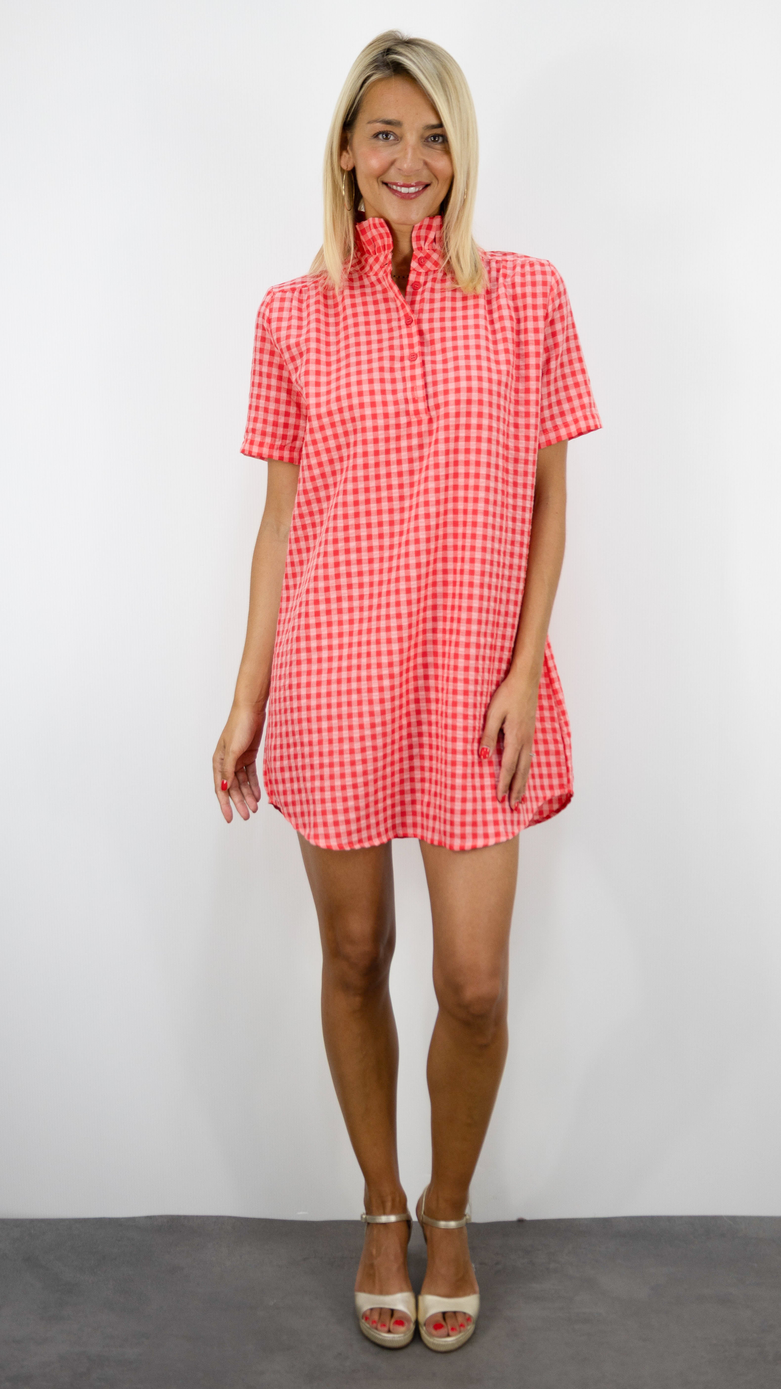 ROBE VICHY CORAIL COL MONTANT 100% COTON  LILI ET LALA 5381-1888
