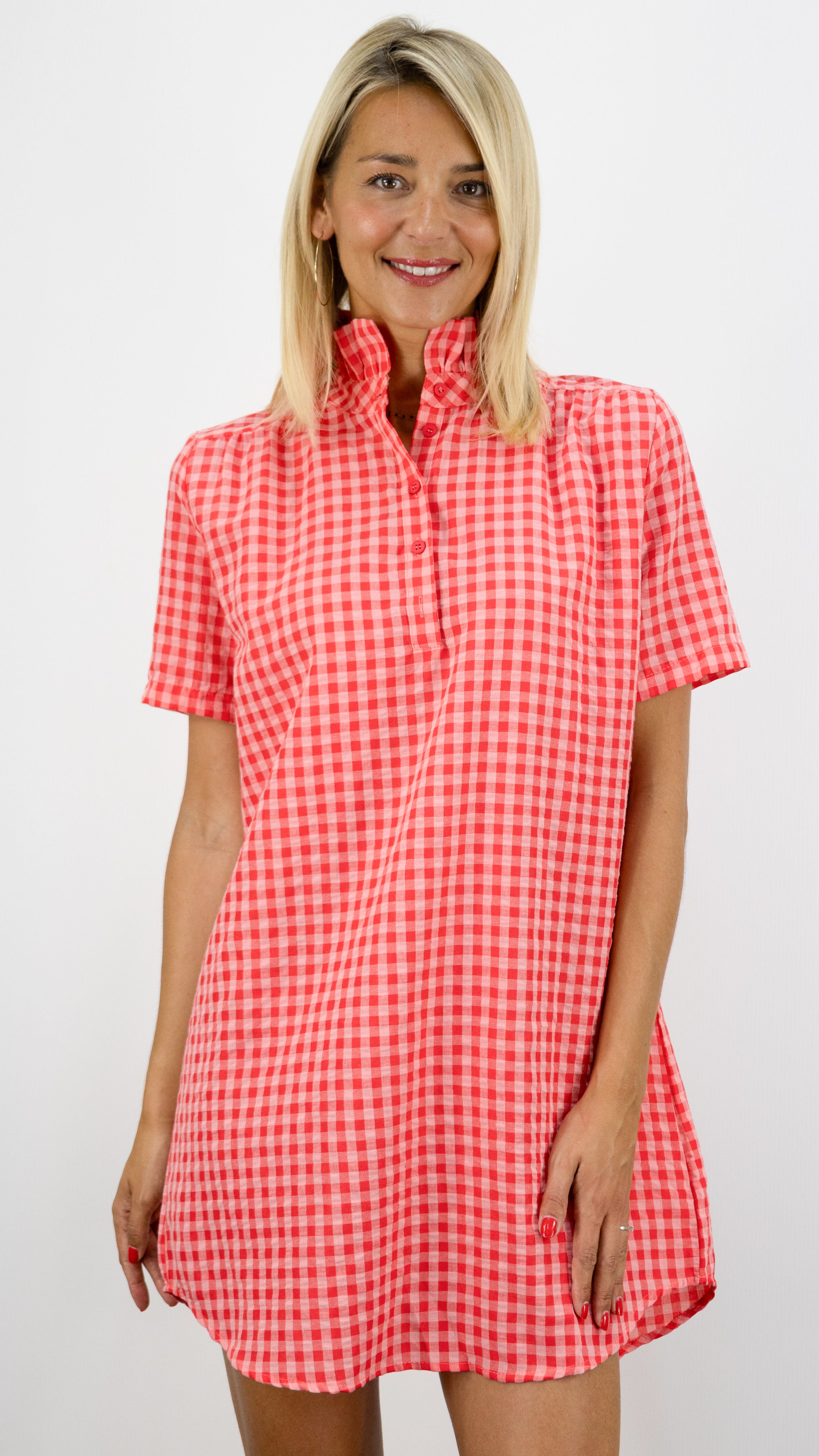 ROBE VICHY CORAIL COL MONTANT 100% COTON  LILI ET LALA 5381-1888