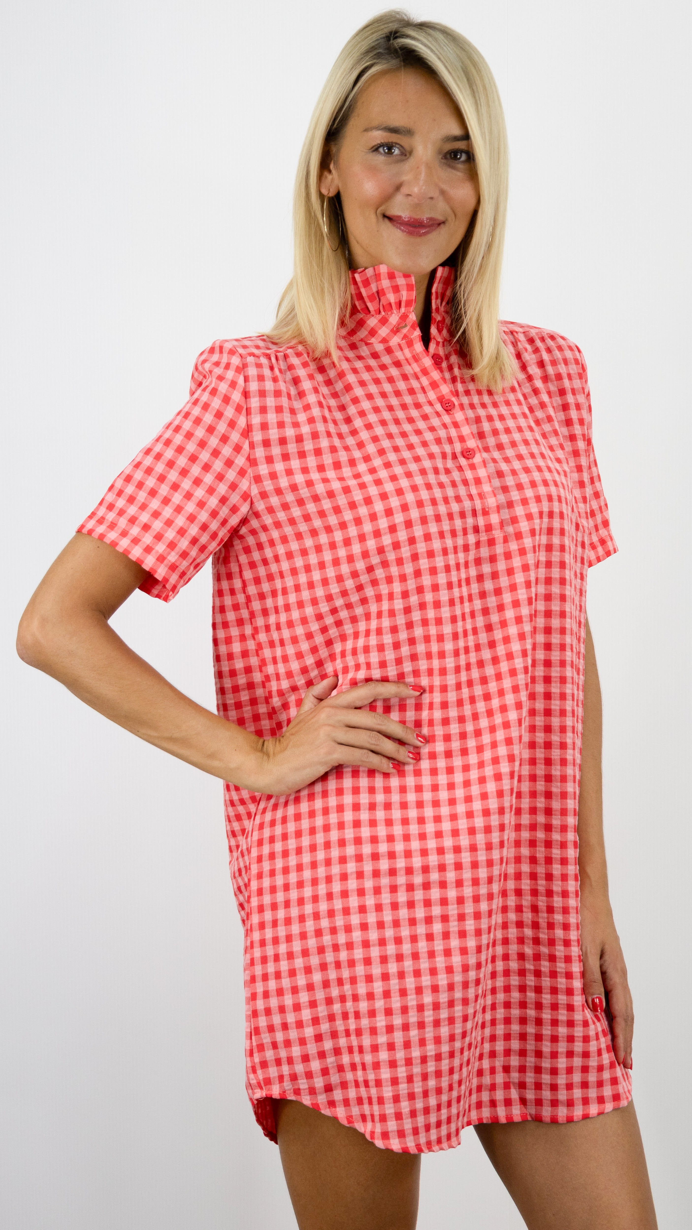 ROBE VICHY CORAIL COL MONTANT 100% COTON  LILI ET LALA 5381-1888