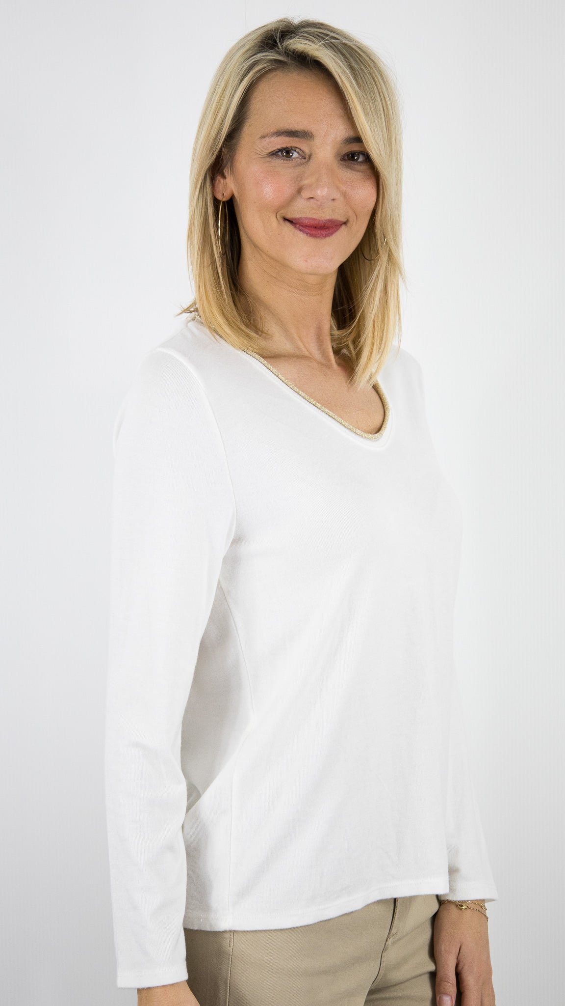 TEE-SHIRT FEMME BASIQUE COL V LUREX BLANC ANDROMEDE 5611