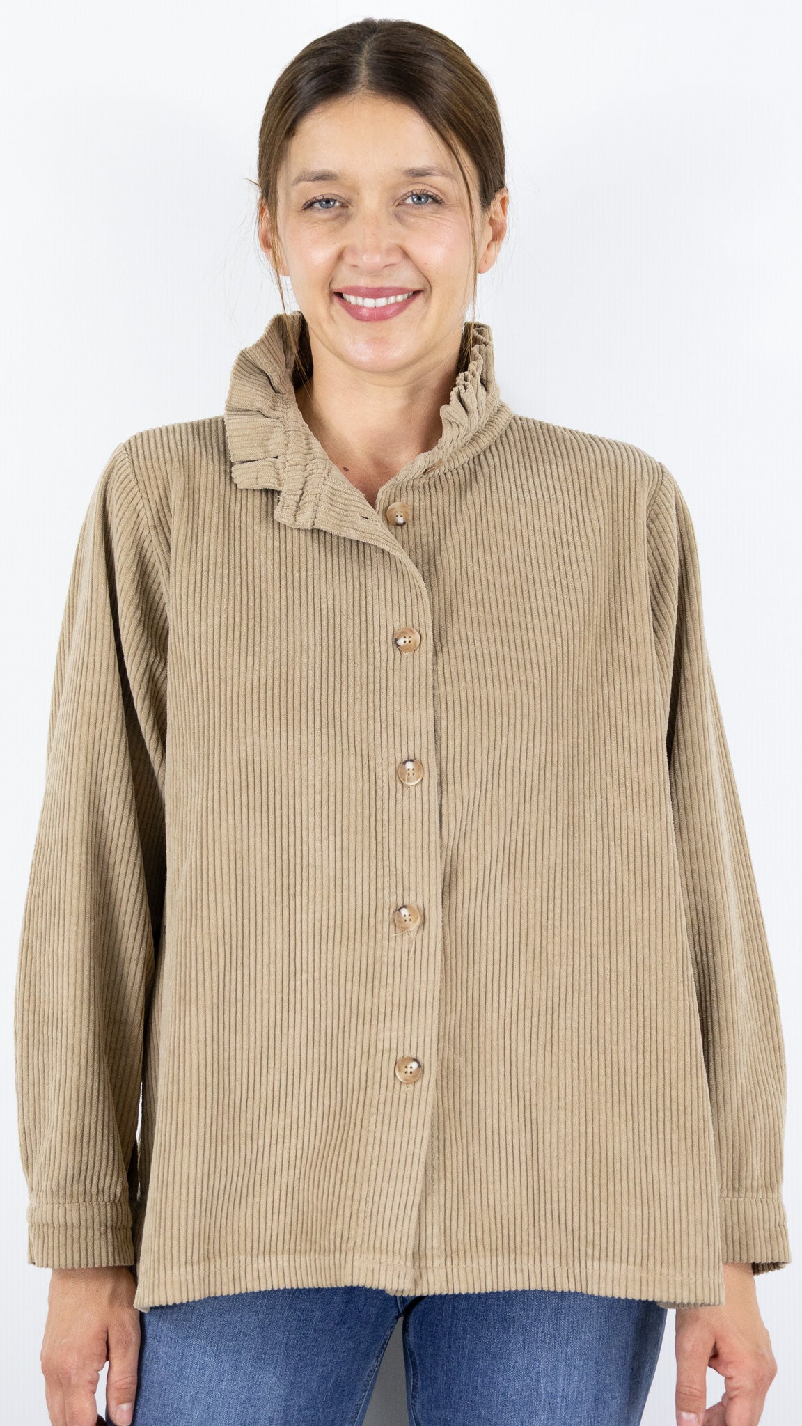 CHEMISE EN VELOURS COTELE CAMEL AVEC COL MONTANT VOLANTE LUK AP 5992