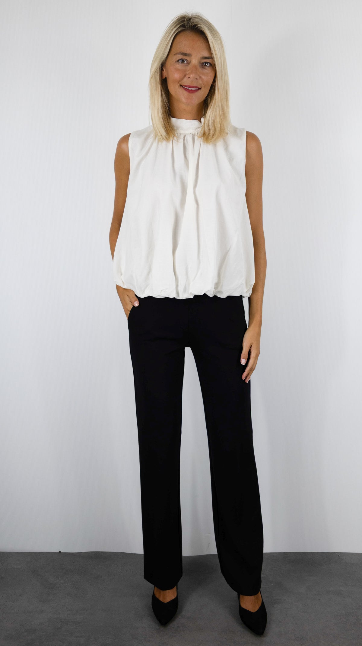 TOP SANS MANCHES FRONCES BAS ELASTIQUE A NOUER AU DOS POUR FEMME HAUT HABILLE CEREMONIE VOUS 15367#COLOR_ECRU