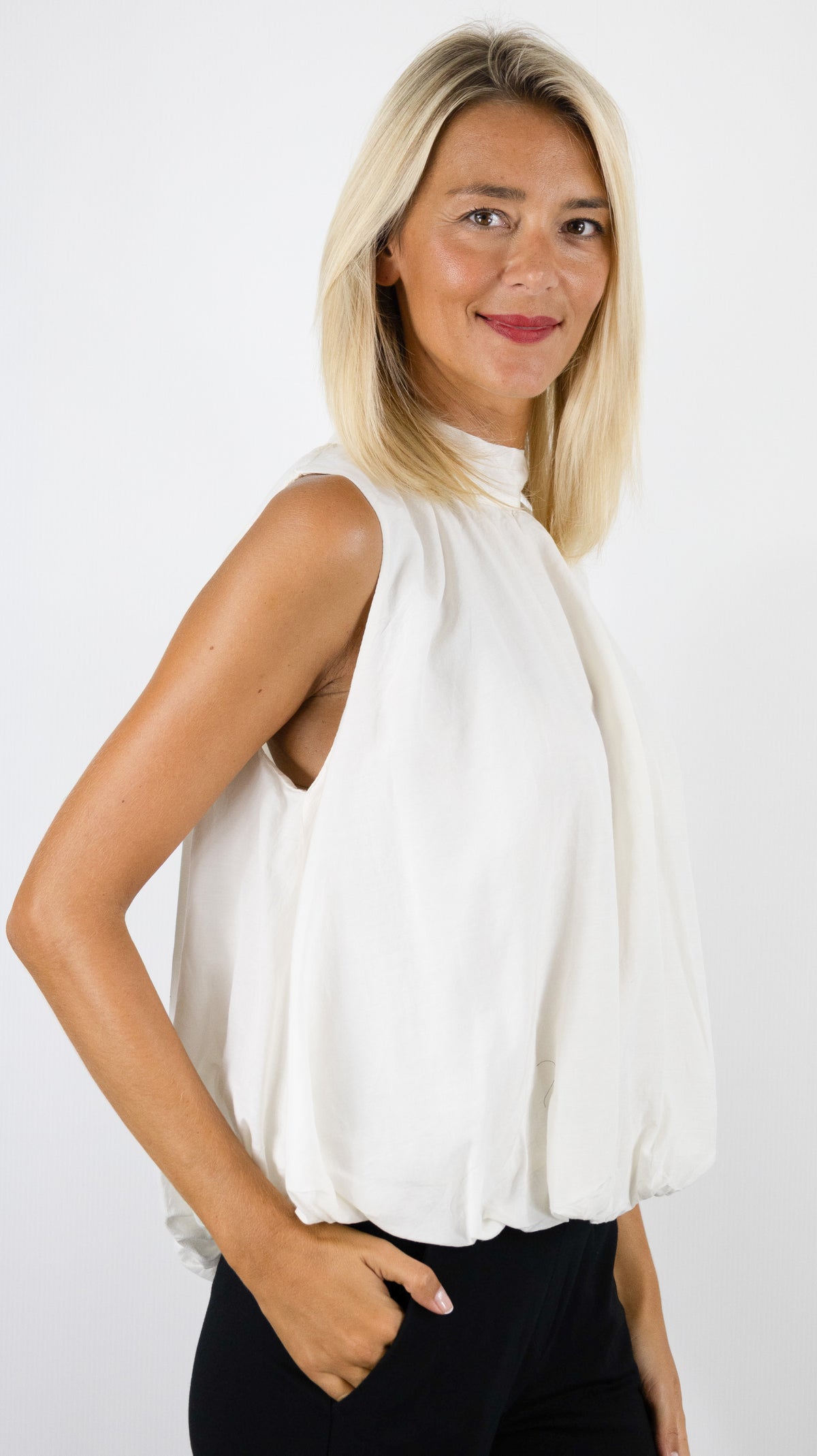 TOP SANS MANCHES FRONCES BAS ELASTIQUE A NOUER AU DOS POUR FEMME HAUT HABILLE CEREMONIE VOUS 15367#COLOR_ECRU