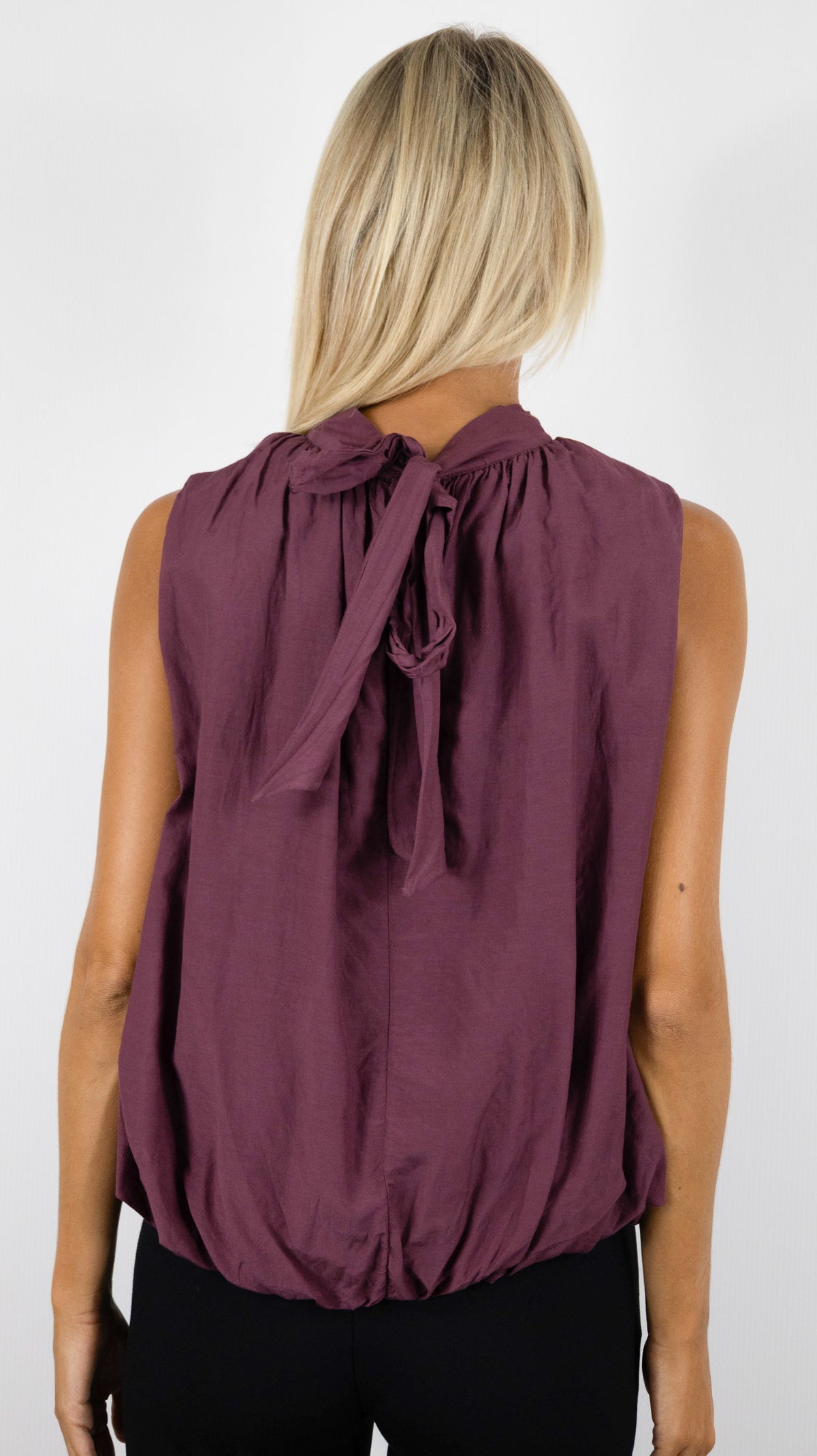 TOP SANS MANCHES FRONCES BAS ELASTIQUE A NOUER AU DOS POUR FEMME HAUT HABILLE CEREMONIE VOUS 15367#COLOR_PRUNE