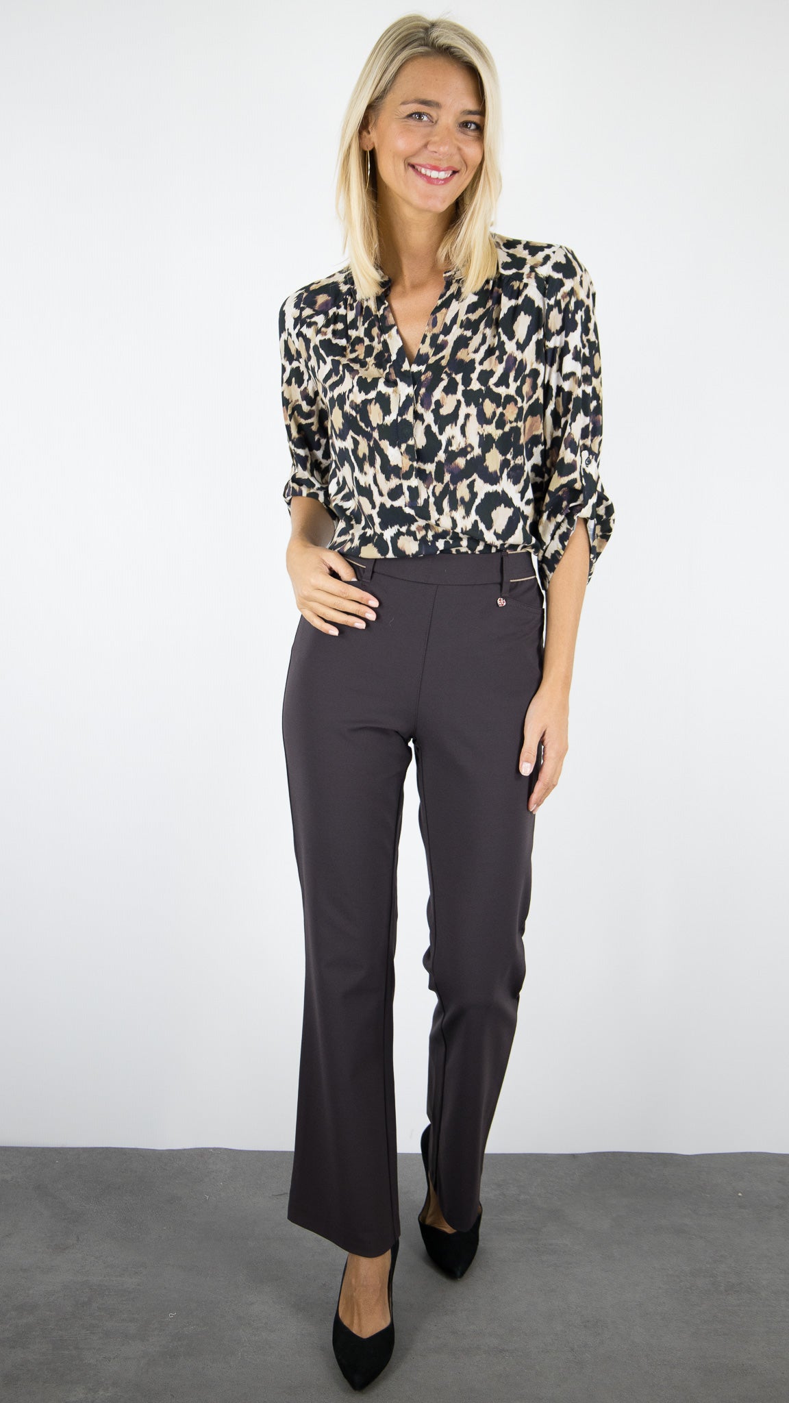PANTALON FLARE TAILLE ELASTIQUE FEMME NOIR TONI ALICE NEW 61-16 2855-18#COLOR_079/CAFE