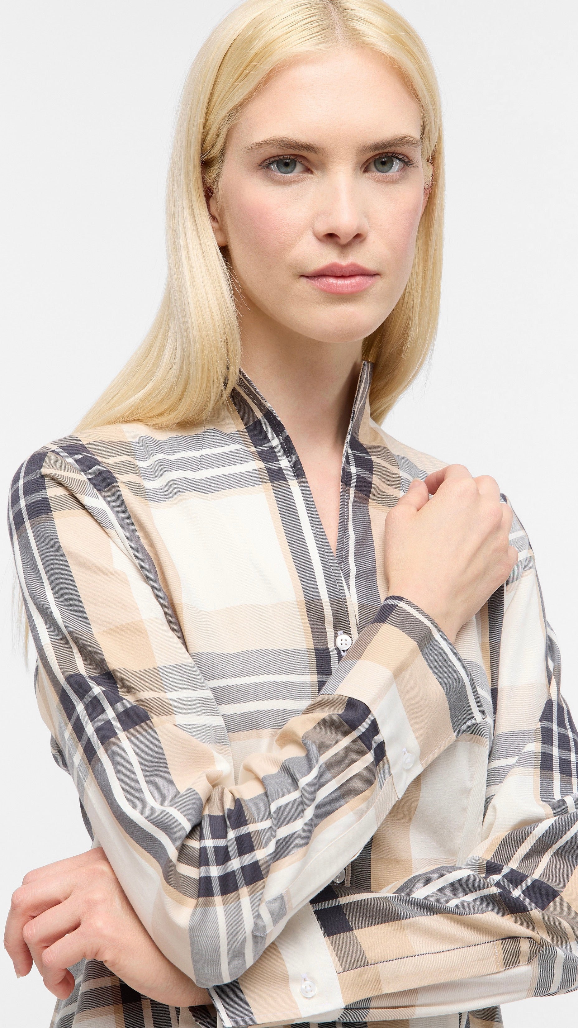 CHEMISE ECOSSAISE BEIGE GRIS FEMME ETERNA 6126 D266