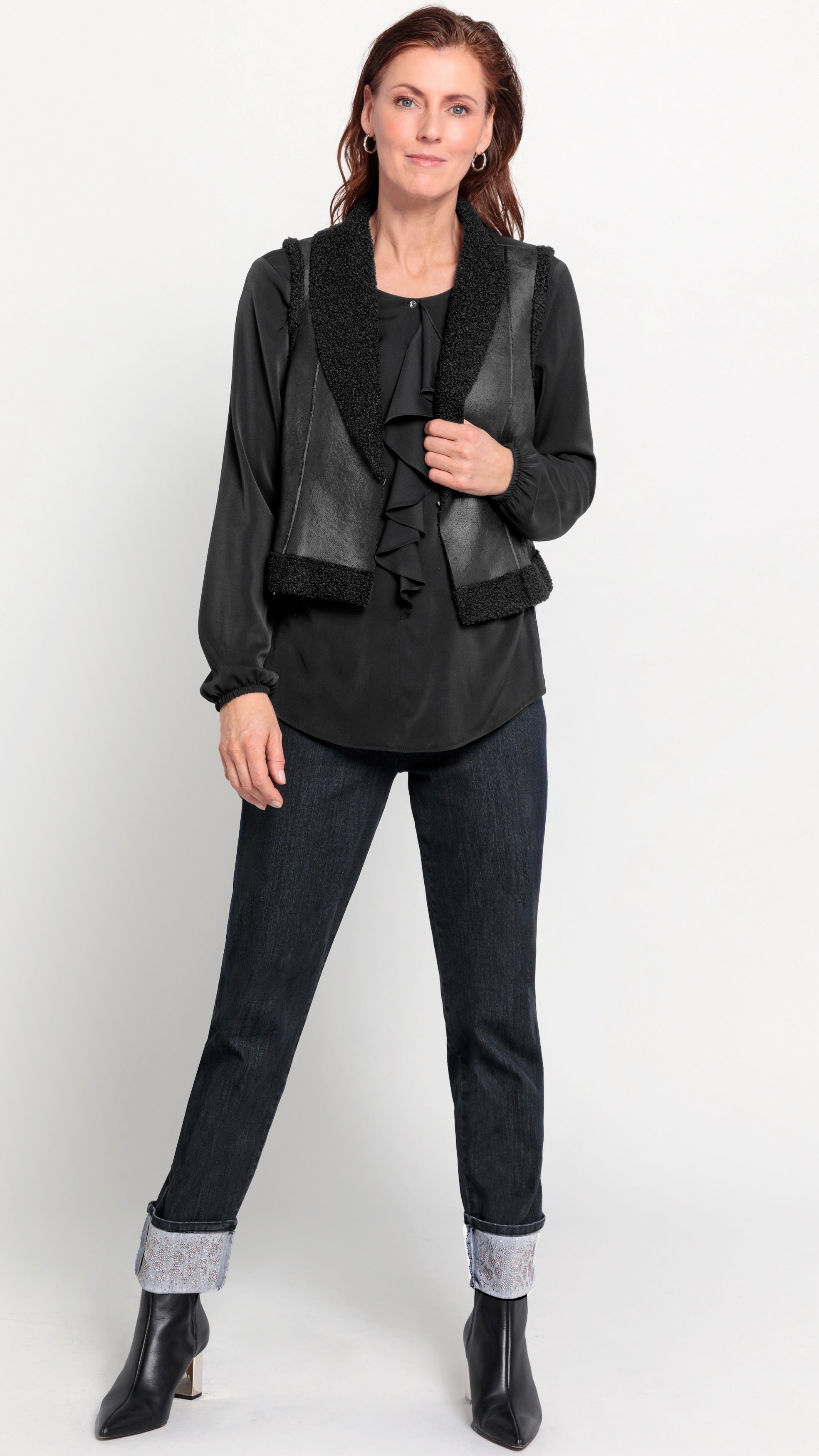 GILET SANS MANCHES EN FAUX CUIR ET FAUSSE FOURRURE MOUTON NOIR FEMME  BIANCA 63002