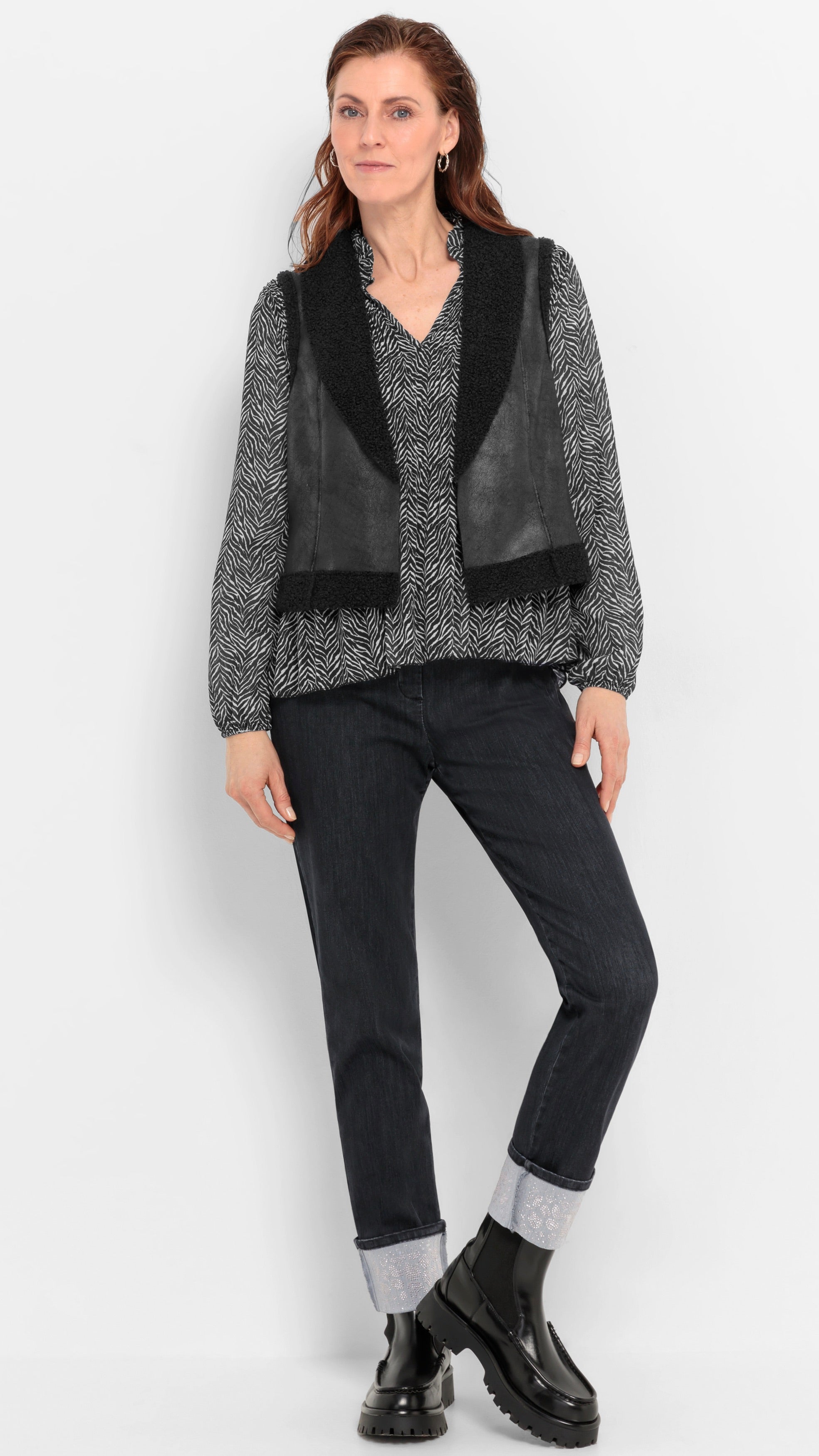 GILET SANS MANCHES EN FAUX CUIR ET FAUSSE FOURRURE MOUTON NOIR FEMME  BIANCA 63002