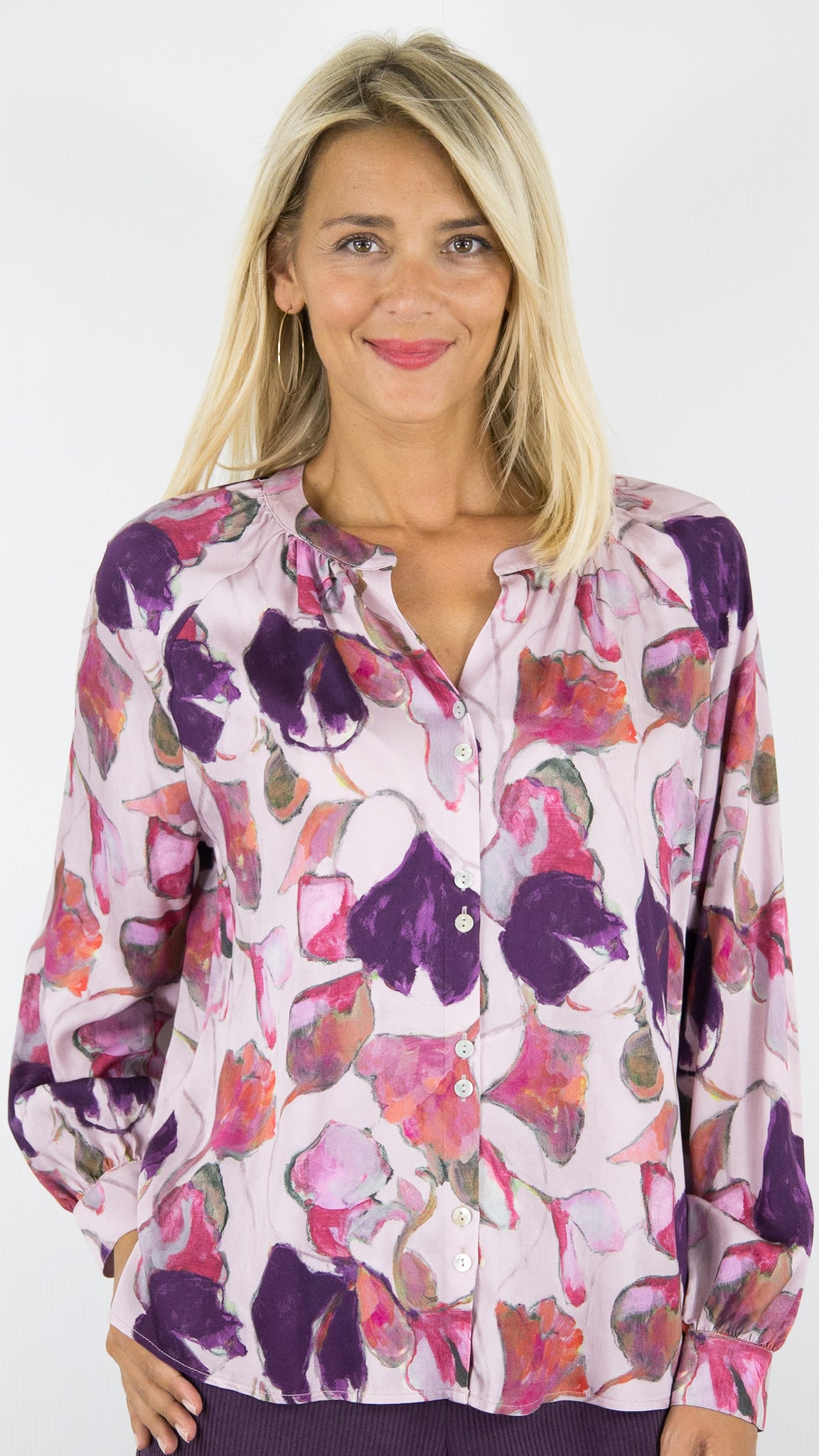 BLOUSE FLUIDE IMPRIME FLORAL VIOLET ROSE BIANCA RANJA 65019
