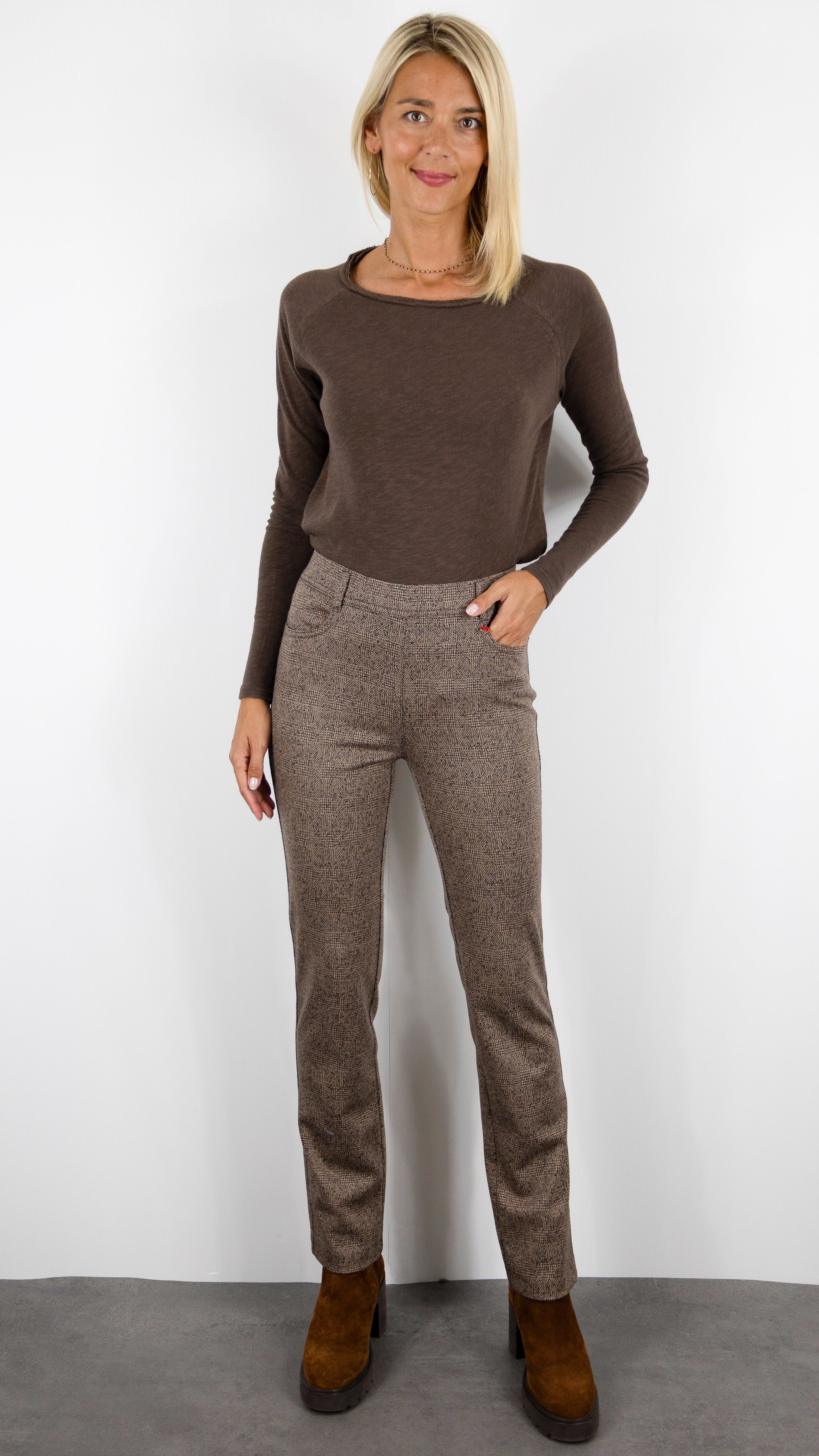 PANTALON PIED DE POULE TAILLE ELASTIQUE POUR FEMME TONI 67-56 2800-43 ALICE#COLOR_77/TAUPE