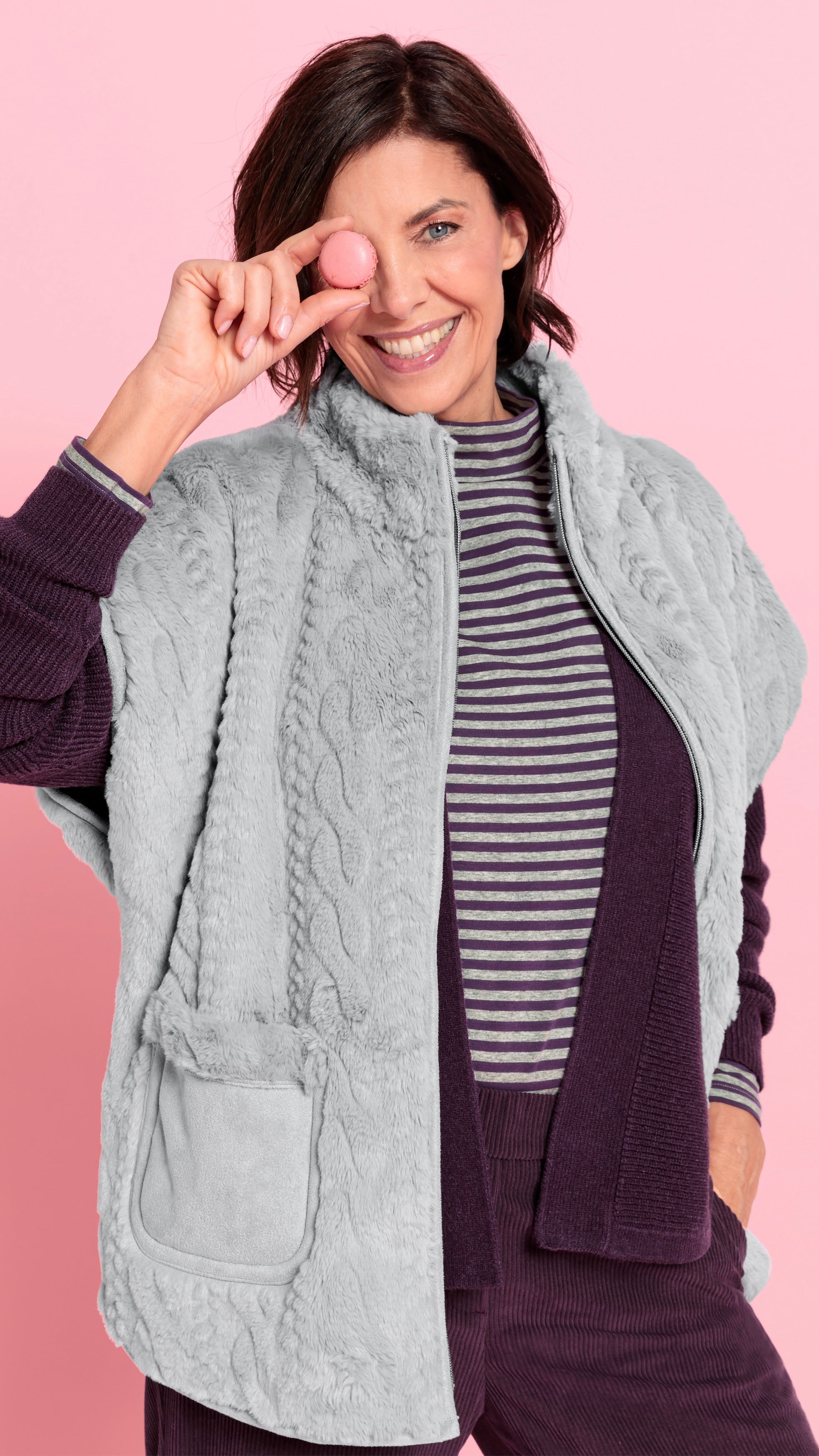 GILET SANS MANCHES FAUSSE FOURRURE TORSADE GRIS  BIANCA CARINA 69026