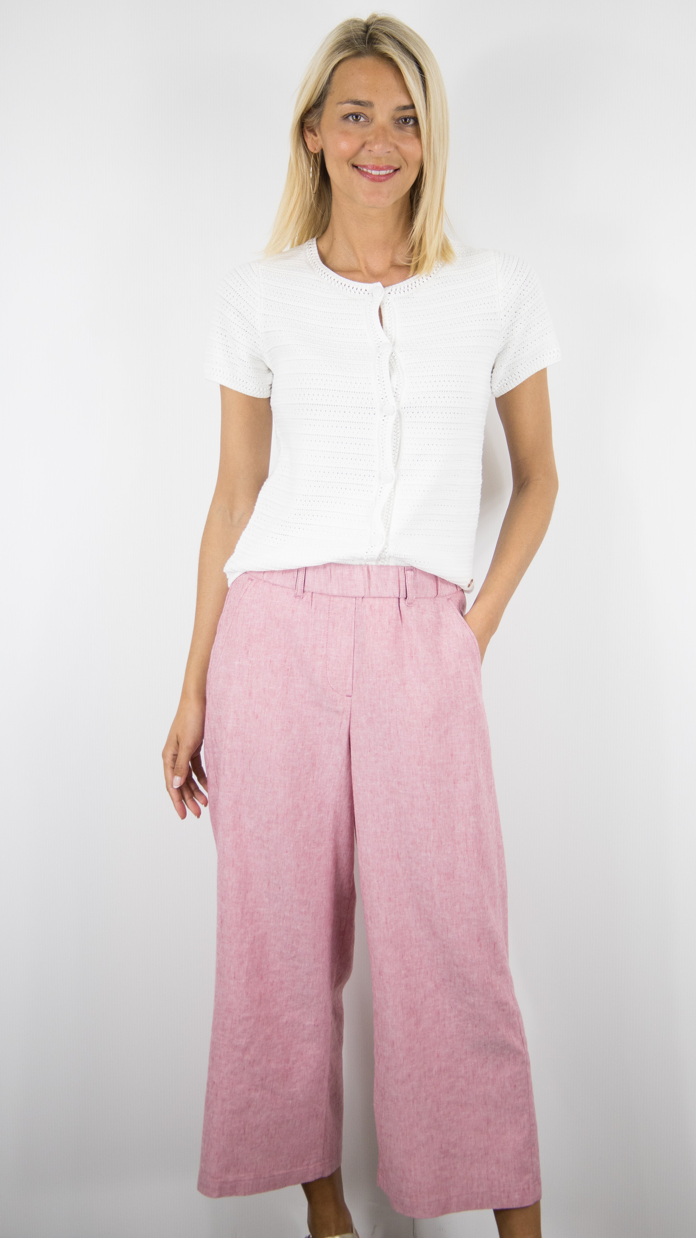 PANTALON 7/8 TAILLE ELASTIQUE EN LIN ROSE BIANCA 70153