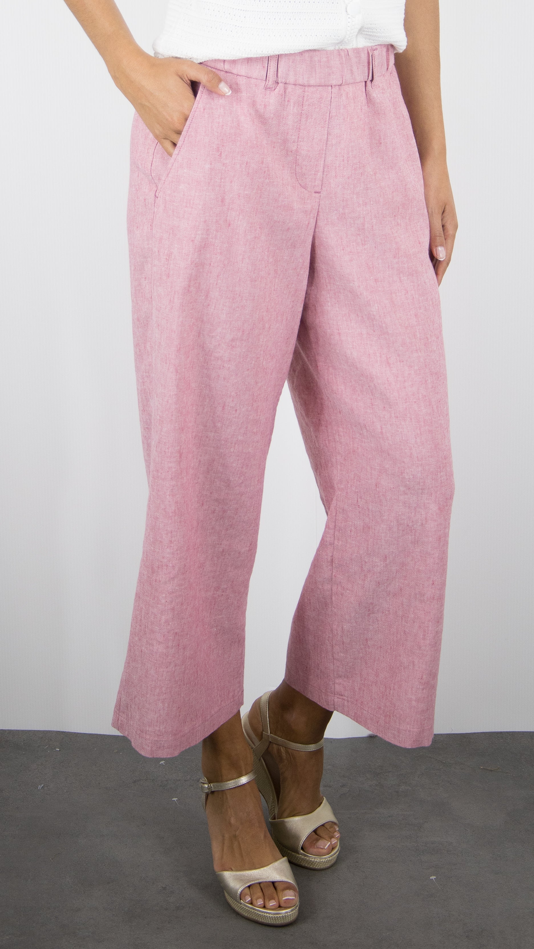 PANTALON 7/8 TAILLE ELASTIQUE EN LIN ROSE BIANCA 70153