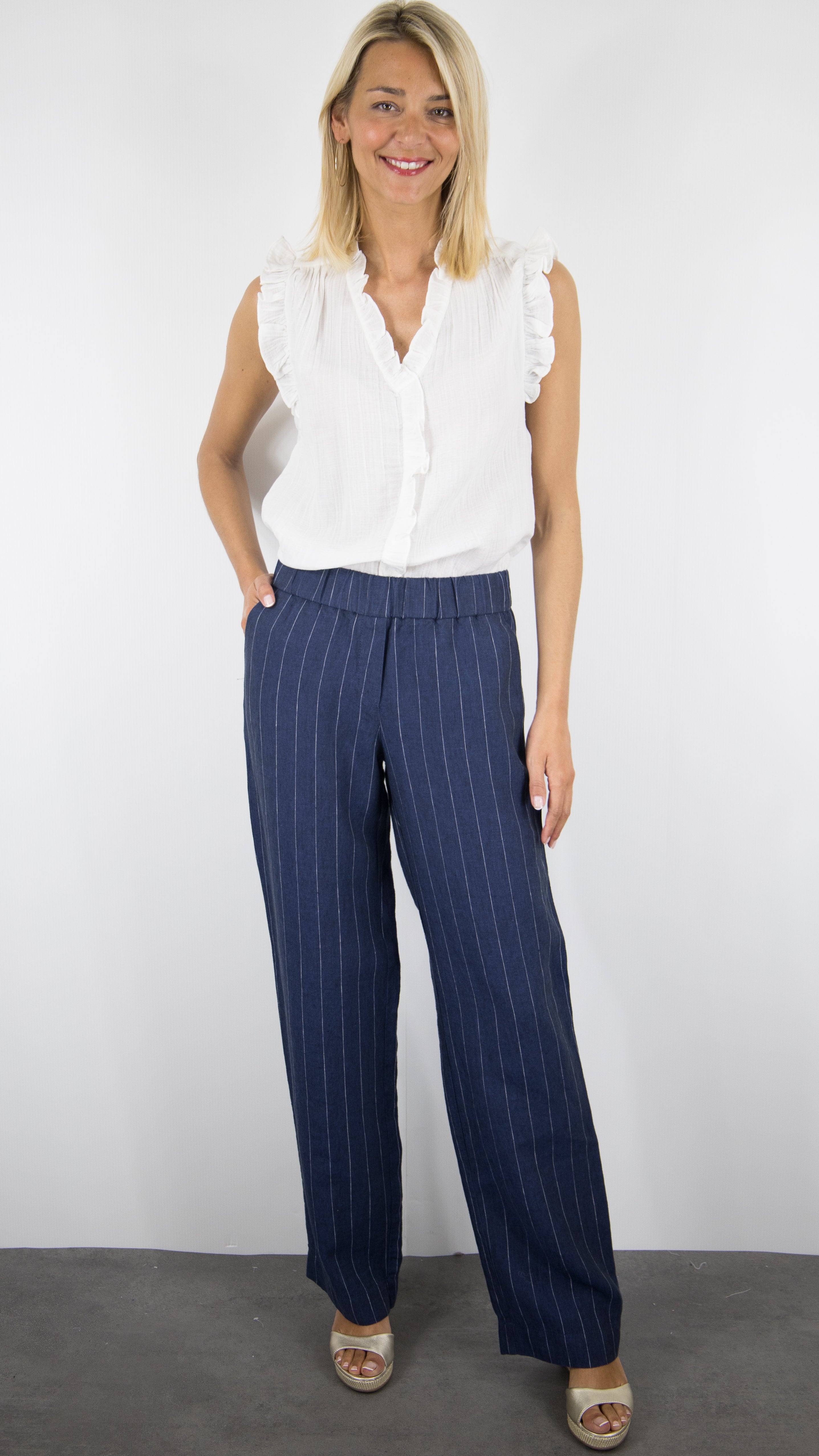 PANTALON RAYE MARRON EN LIN POUR FEMME TONI 73-12/1818-4#COLOR_58/NAVY