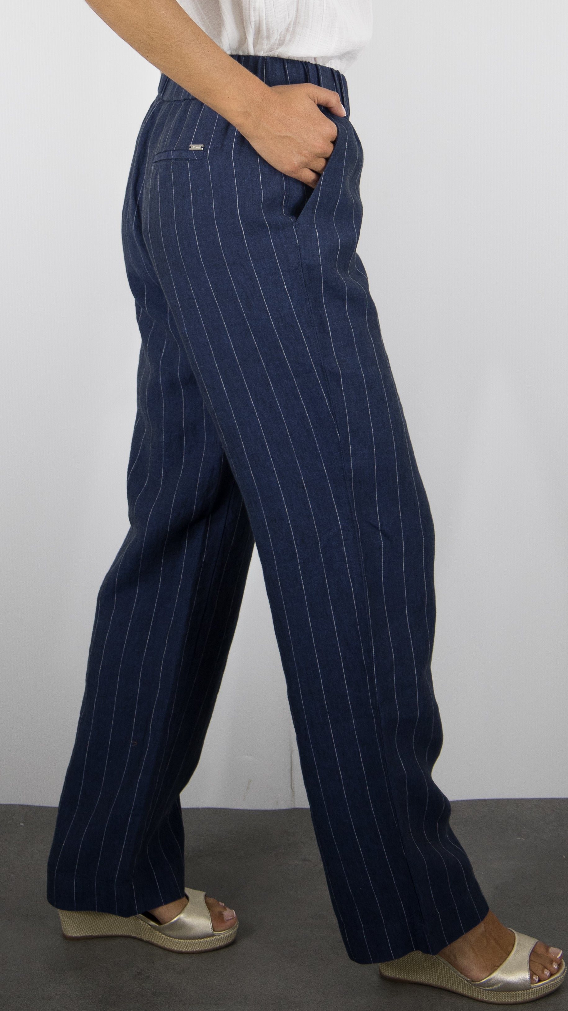 PANTALON RAYE MARRON EN LIN POUR FEMME TONI 73-12/1818-4#COLOR_58/NAVY