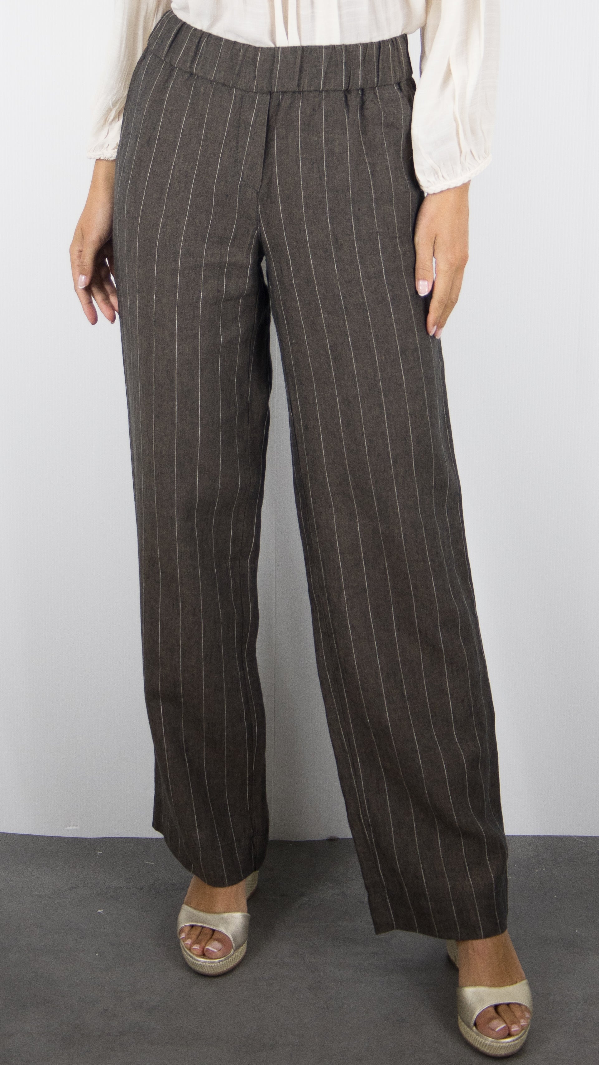 PANTALON RAYE MARRON EN LIN POUR FEMME TONI 73-12/1818-4#COLOR_781/WOOD CHOCO