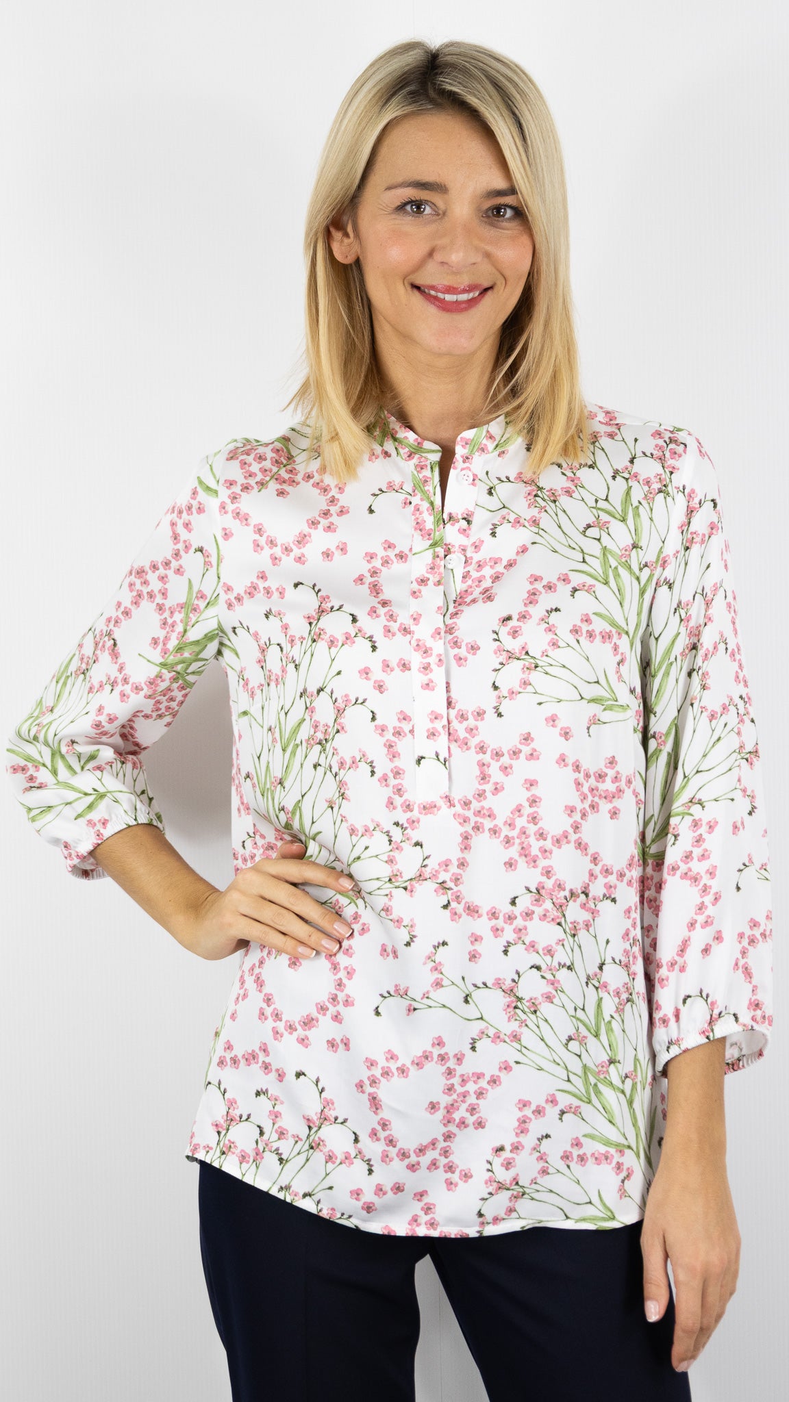 BLOUSE IMPRIMEE FLEURIE TONI 78-85/1454-9#COLOR_421/IMP ROSE VERT