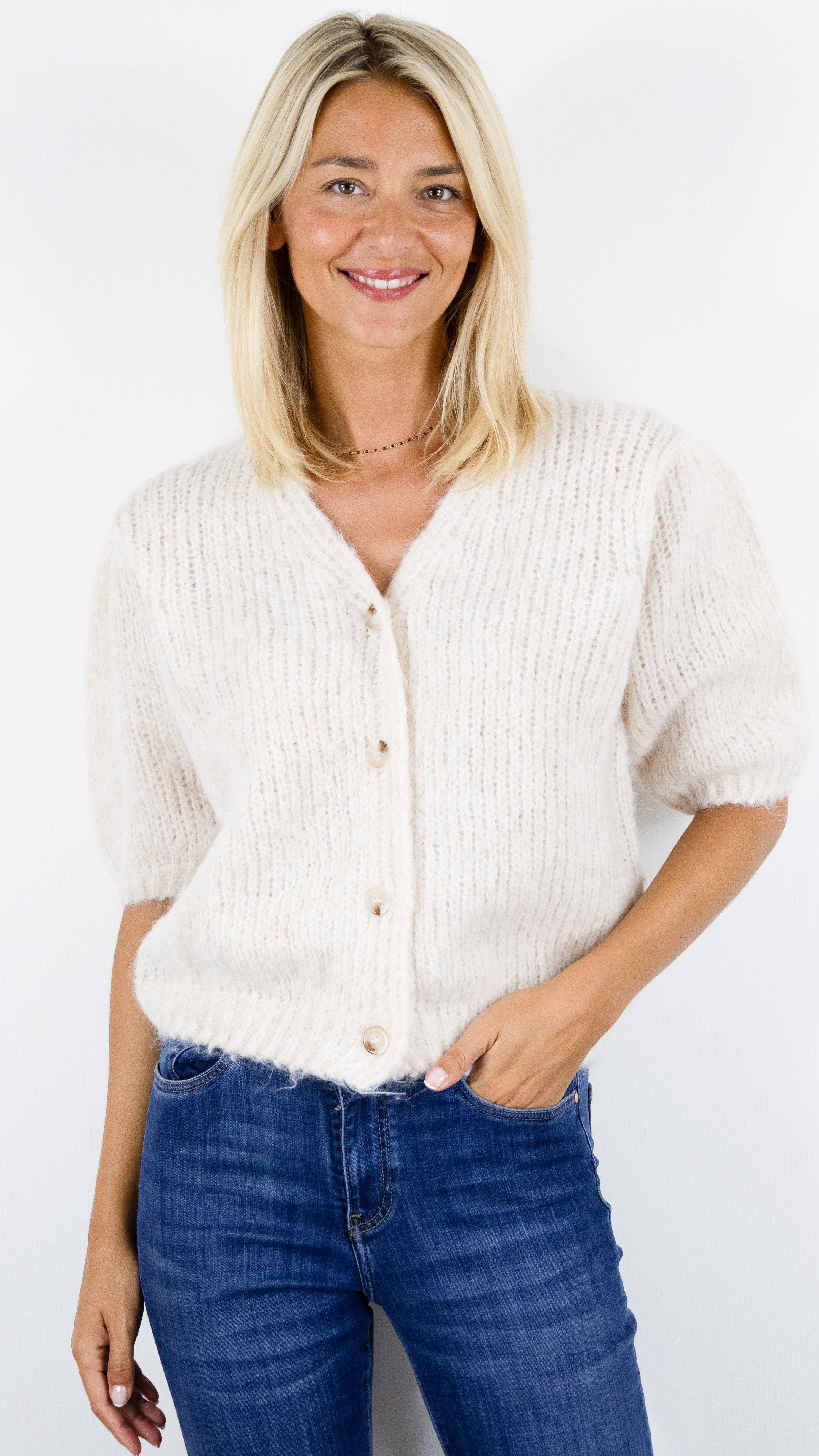 GILET COL V MANCHES COURTES BOUFFANTES MAILLE CHINEE EPAISSE SWEEWE 79435#COLOR_BEIGE