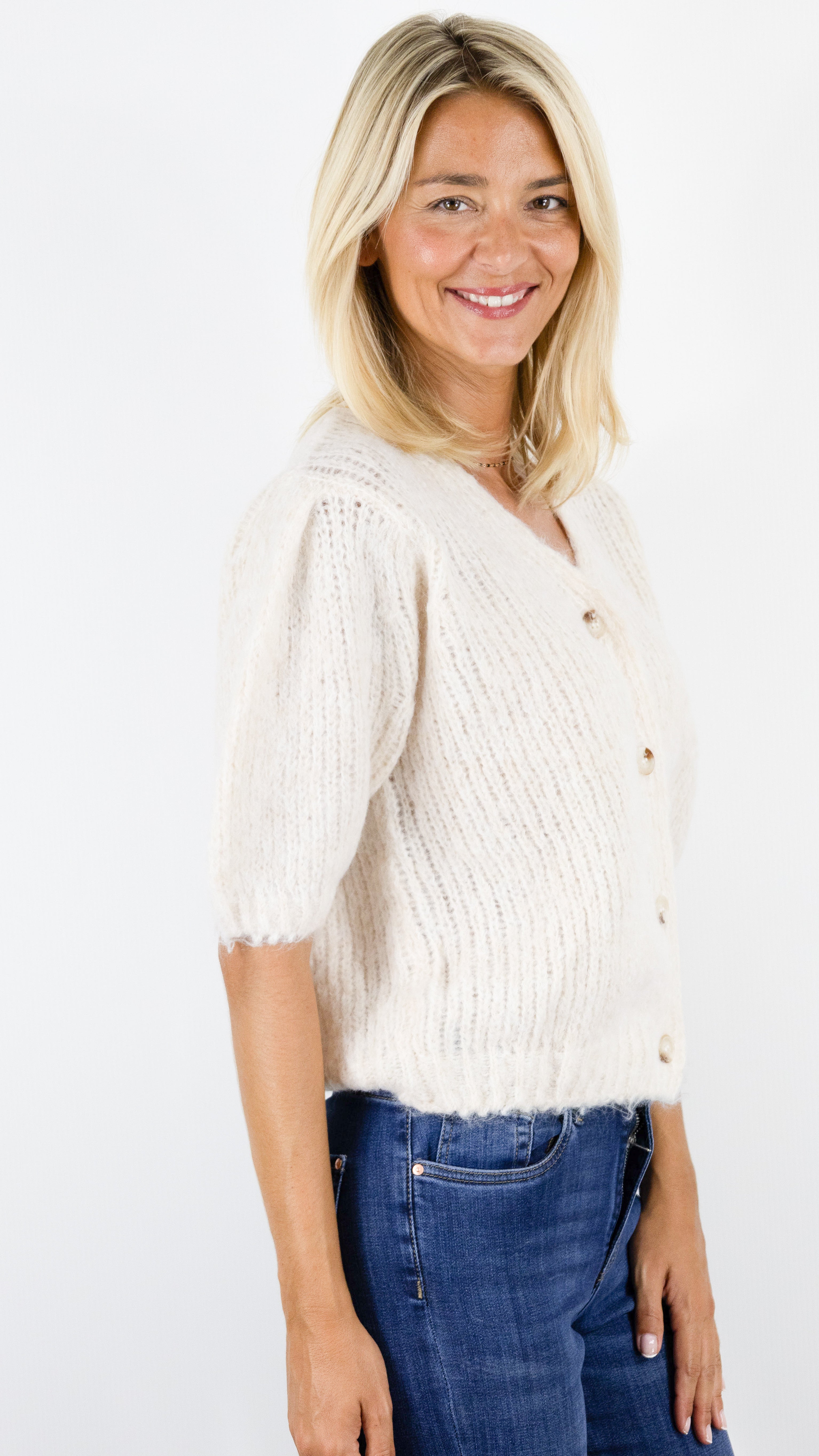 GILET COL V MANCHES COURTES BOUFFANTES MAILLE CHINEE EPAISSE SWEEWE 79435#COLOR_BEIGE