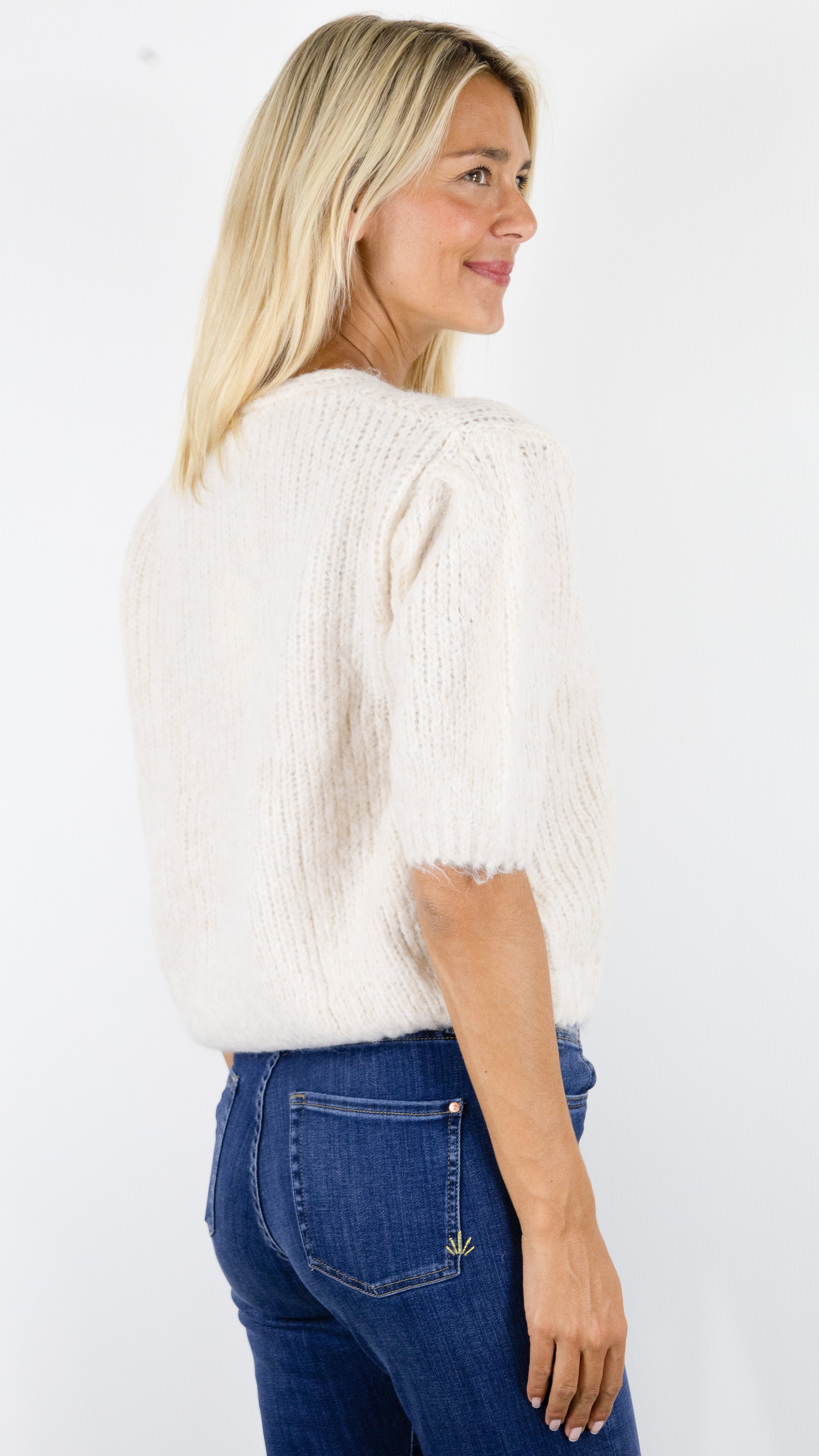 GILET COL V MANCHES COURTES BOUFFANTES MAILLE CHINEE EPAISSE SWEEWE 79435#COLOR_BEIGE
