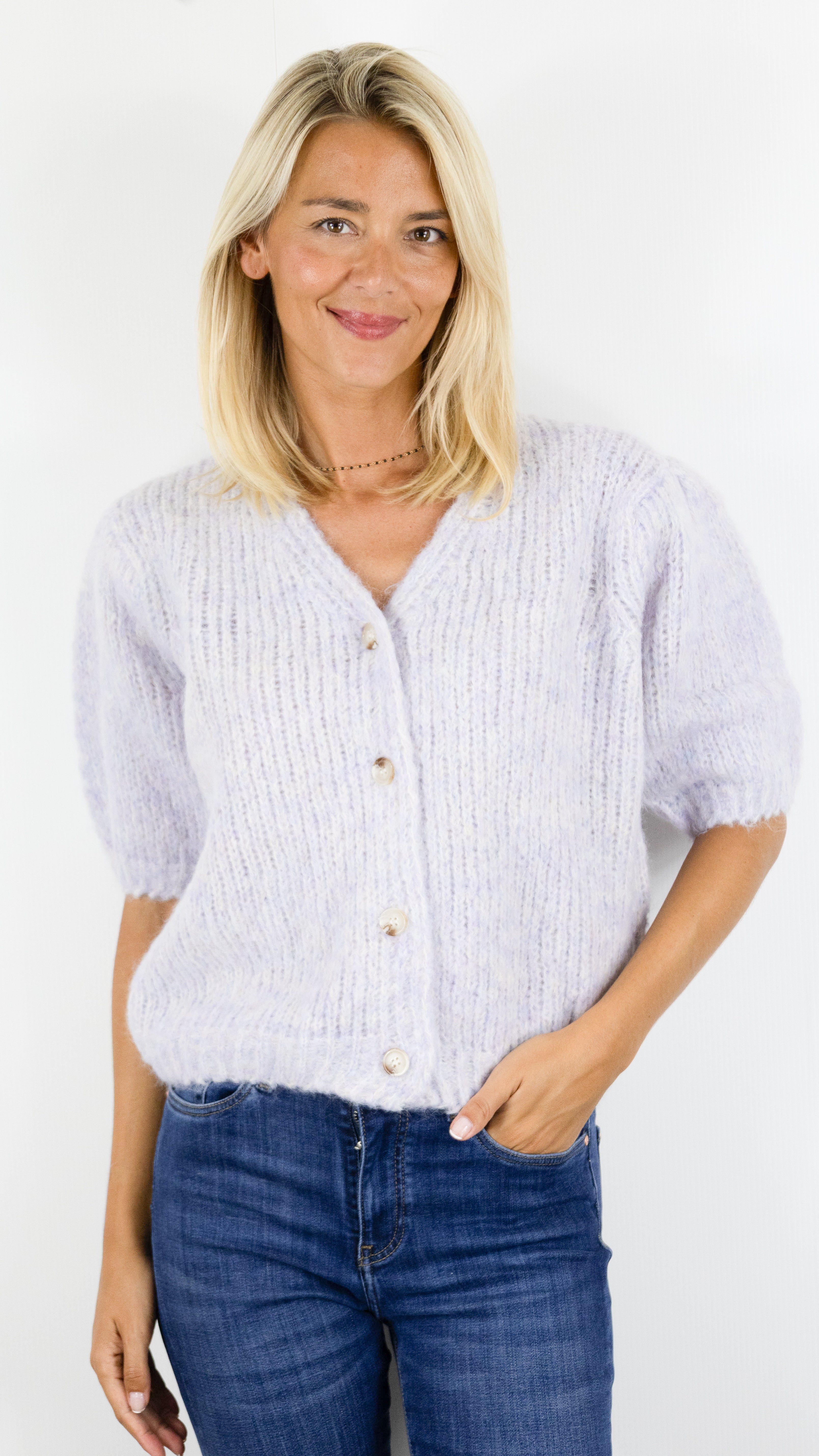 GILET COL V MANCHES COURTES BOUFFANTES MAILLE CHINEE EPAISSE SWEEWE 79435#COLOR_PURPLE
