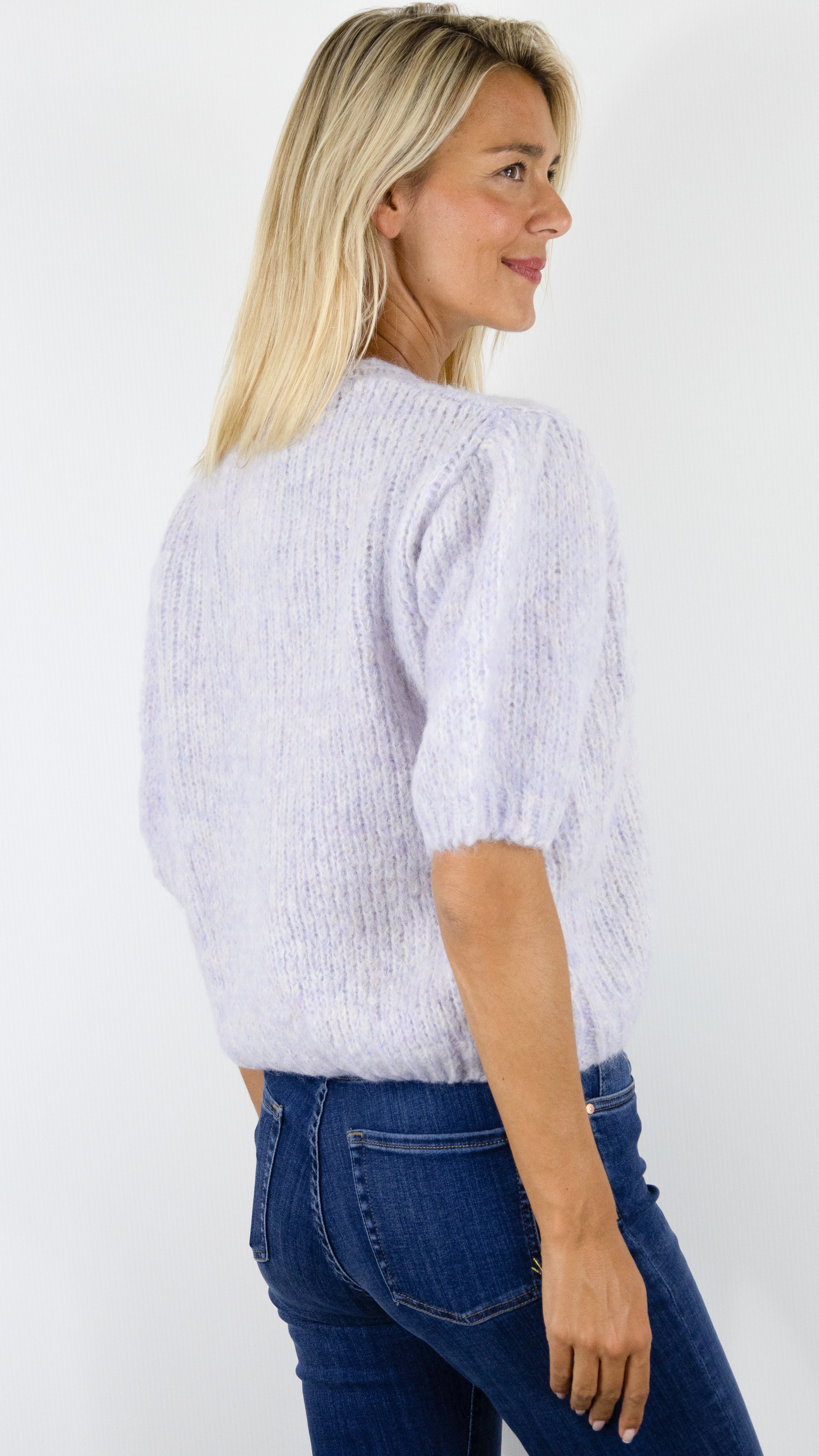 GILET COL V MANCHES COURTES BOUFFANTES MAILLE CHINEE EPAISSE SWEEWE 79435#COLOR_PURPLE