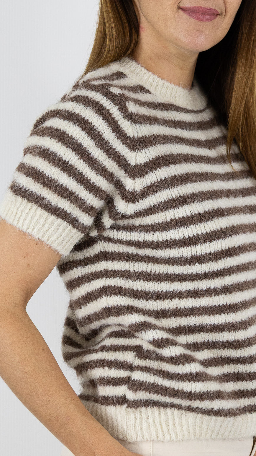 PULL RAYE AUX MANCHES COURTES CHOCO ET ECRU POUR FEMME LUK AP 8056 