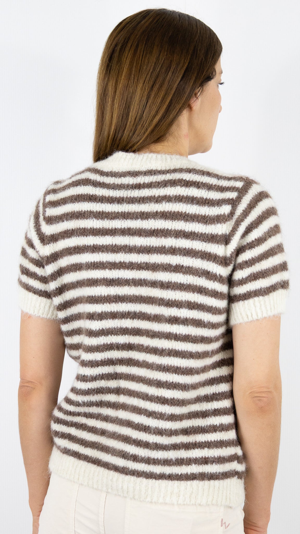 PULL RAYE AUX MANCHES COURTES CHOCO ET ECRU POUR FEMME LUK AP 8056 