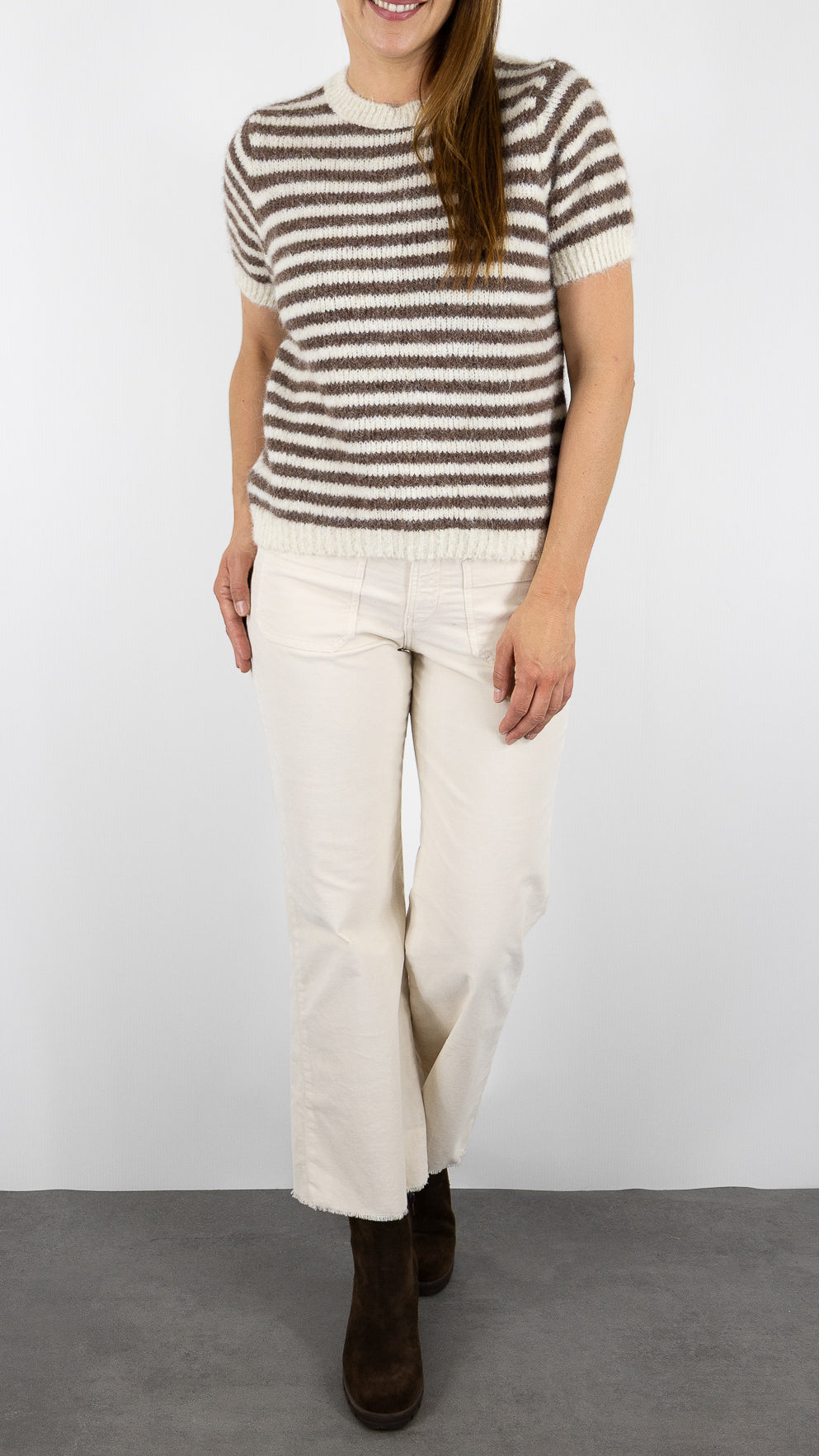 PULL RAYE AUX MANCHES COURTES CHOCO ET ECRU POUR FEMME LUK AP 8056 