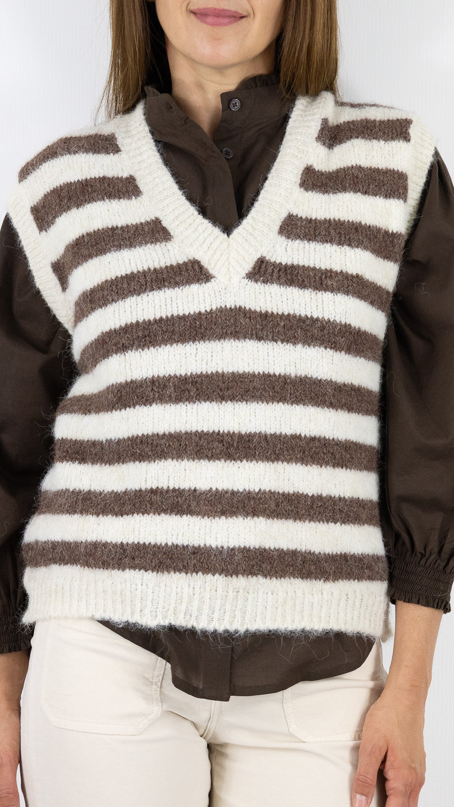 PULL RAYÉ SANS MANCHES EN LAINE POUR FEMME  CHOCO ECRU LUK AP 8066 