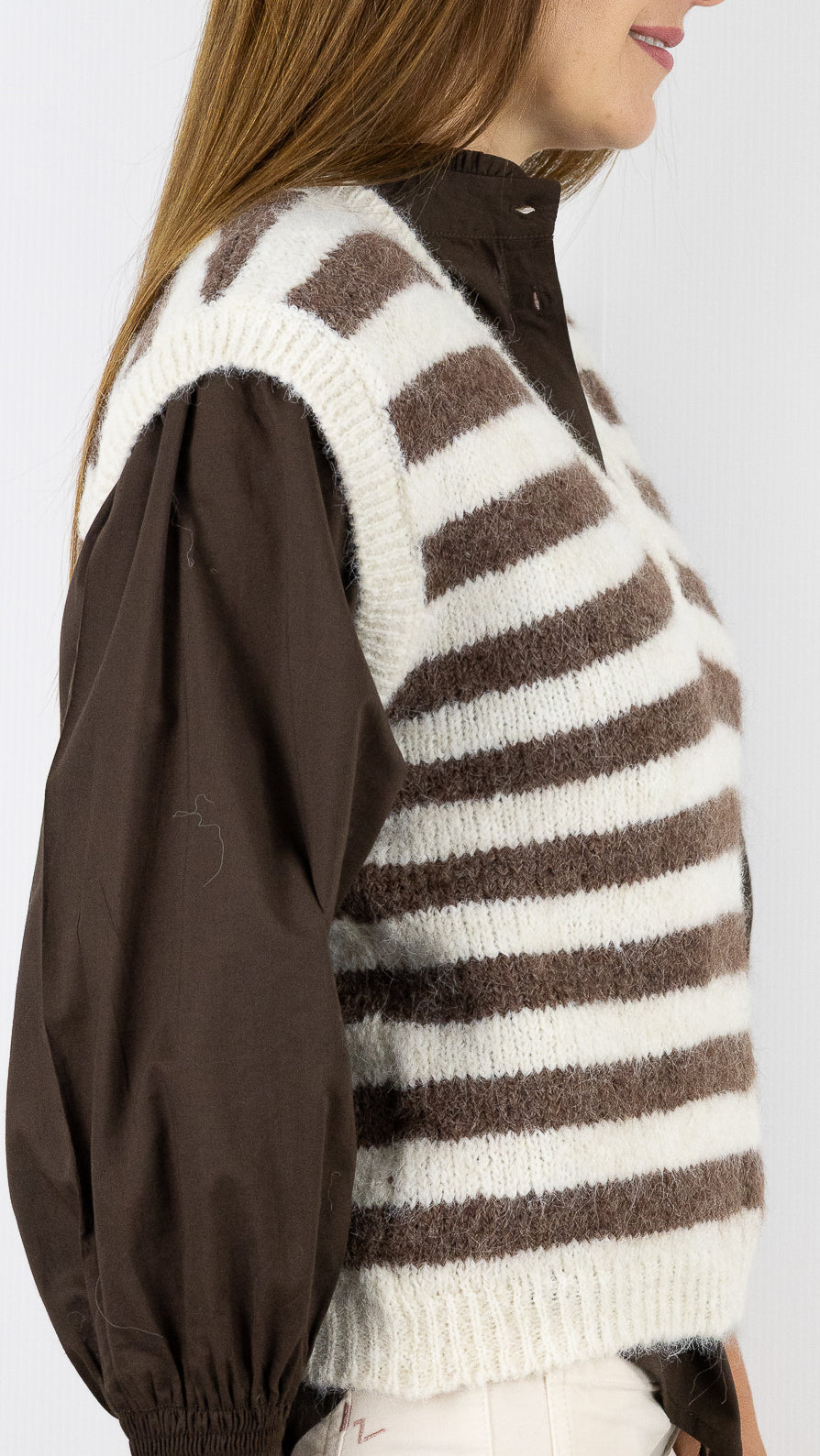 PULL RAYÉ SANS MANCHES EN LAINE POUR FEMME  CHOCO ECRU LUK AP 8066 