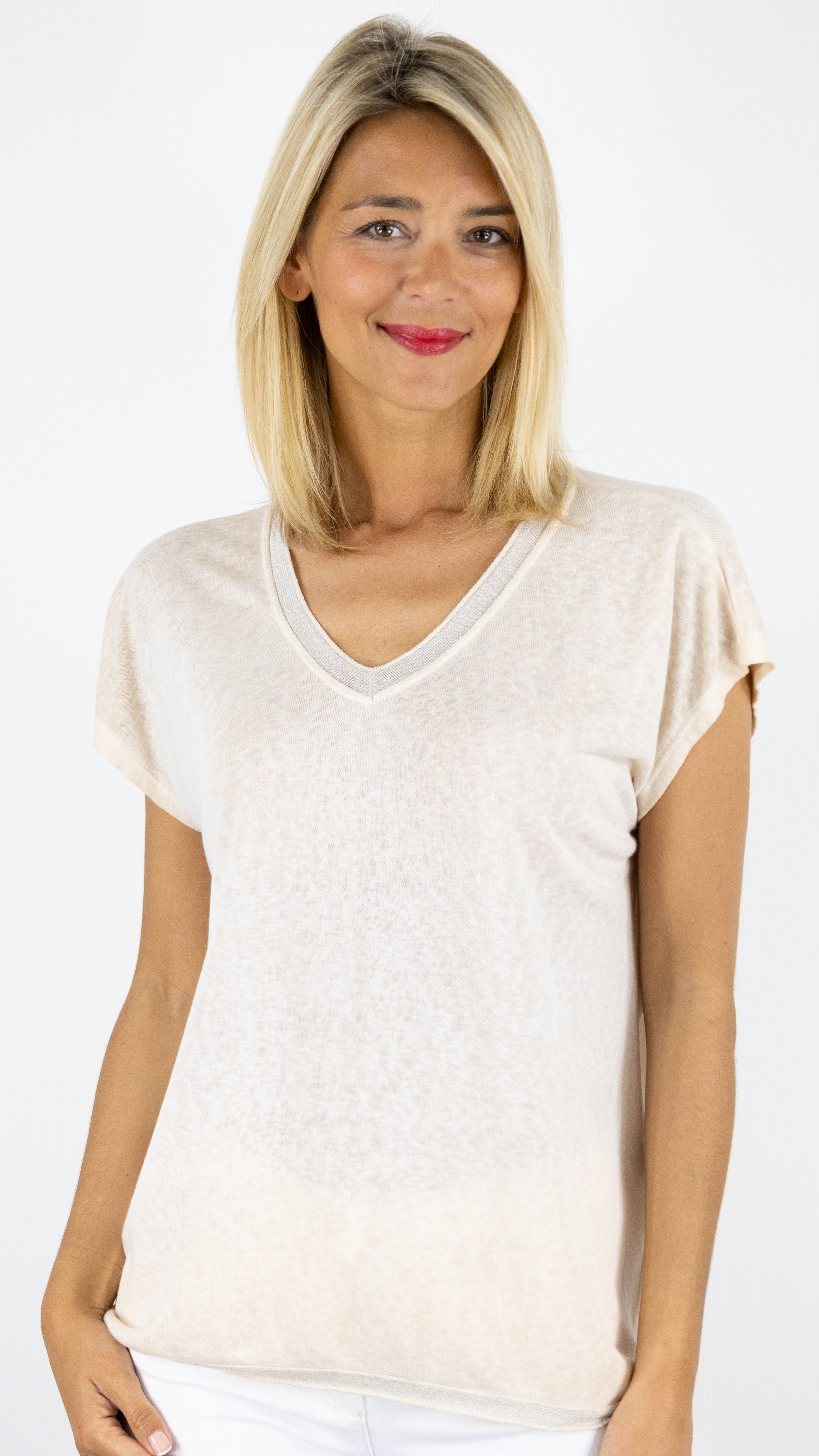 TEE-SHIRT COL V MANCHES COURTES ENCOLURE LUREX ANDROMEDE 810761#COLOR_BEIGE