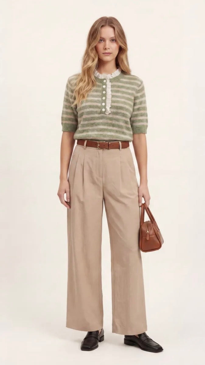 PULL RAYE AVEC DENTELLE AU COL BEIGE POUR FEMME SWEEWE 81317#COLOR_GREEN