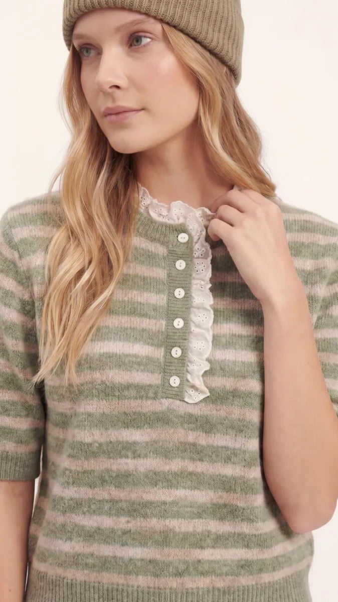 PULL RAYE AVEC DENTELLE AU COL BEIGE POUR FEMME SWEEWE 81317#COLOR_GREEN