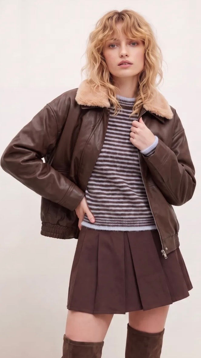 BLOUSON AVIATEUR POUR FEMME EN FAUX CUIR MARRON SWEEWE 81904