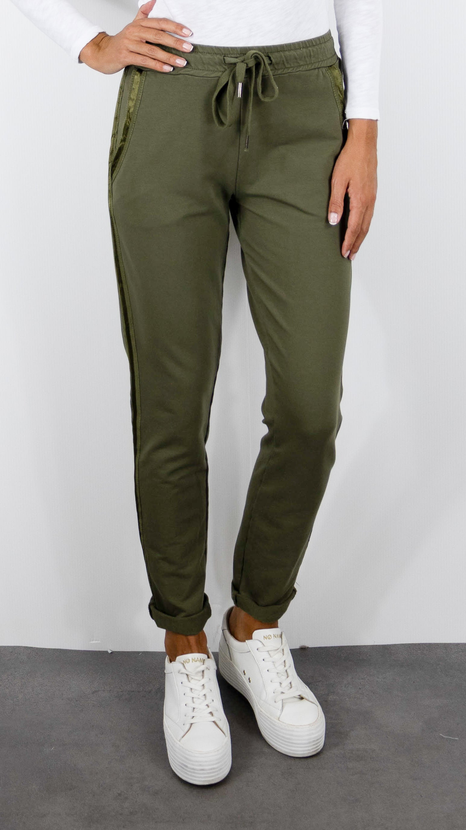 JOGGING TAILLE ELASTIQUES AVCE BANDES SATINEES POUR FEMME STUDIO PARISIEN 822739#COLOR_KAKI