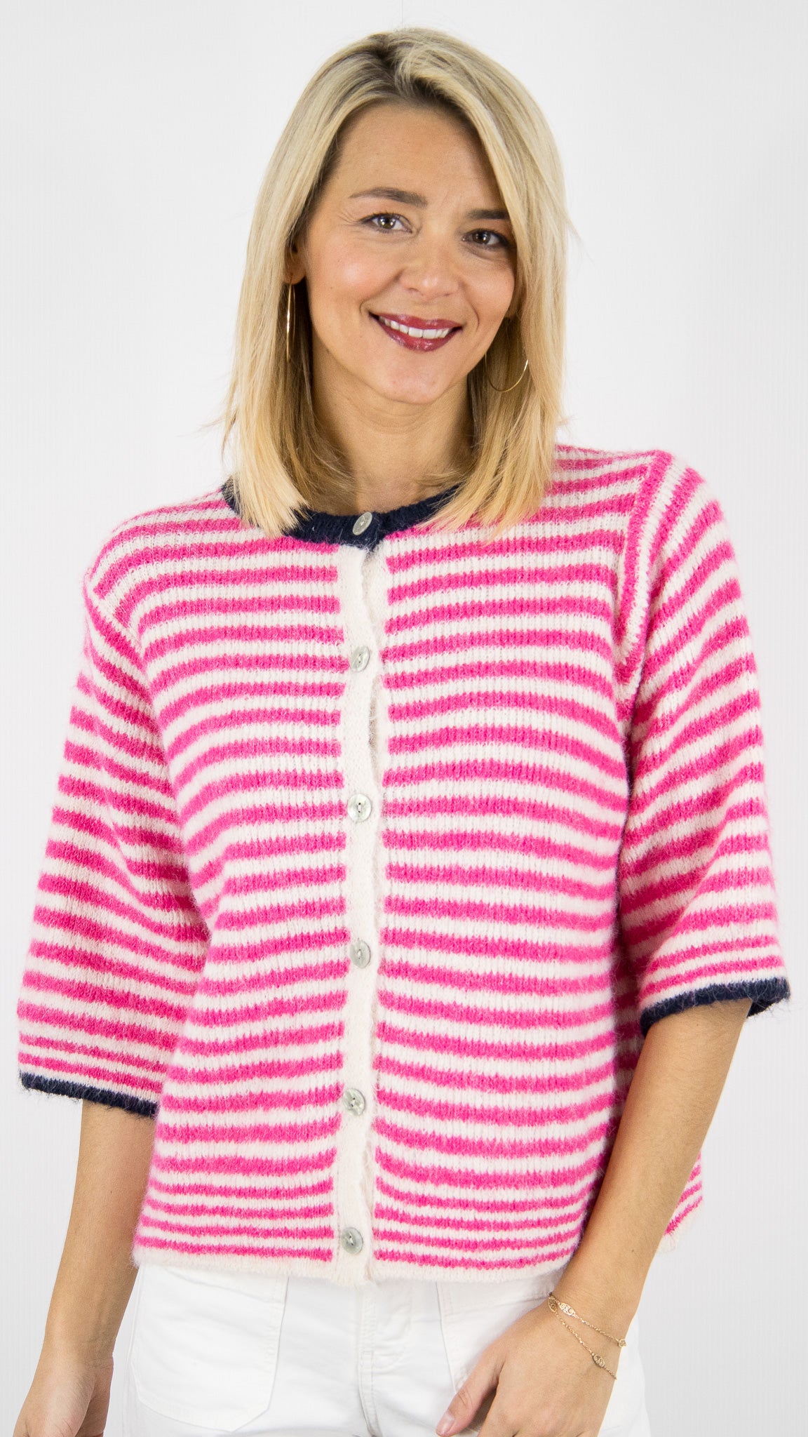GILET CARDIGAN RAYE EN LAINE FUSCHIA MARINE LUK AP 8262