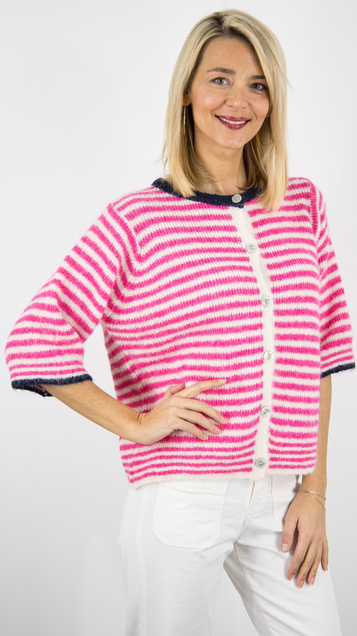GILET CARDIGAN RAYE EN LAINE FUSCHIA MARINE LUK AP 8262