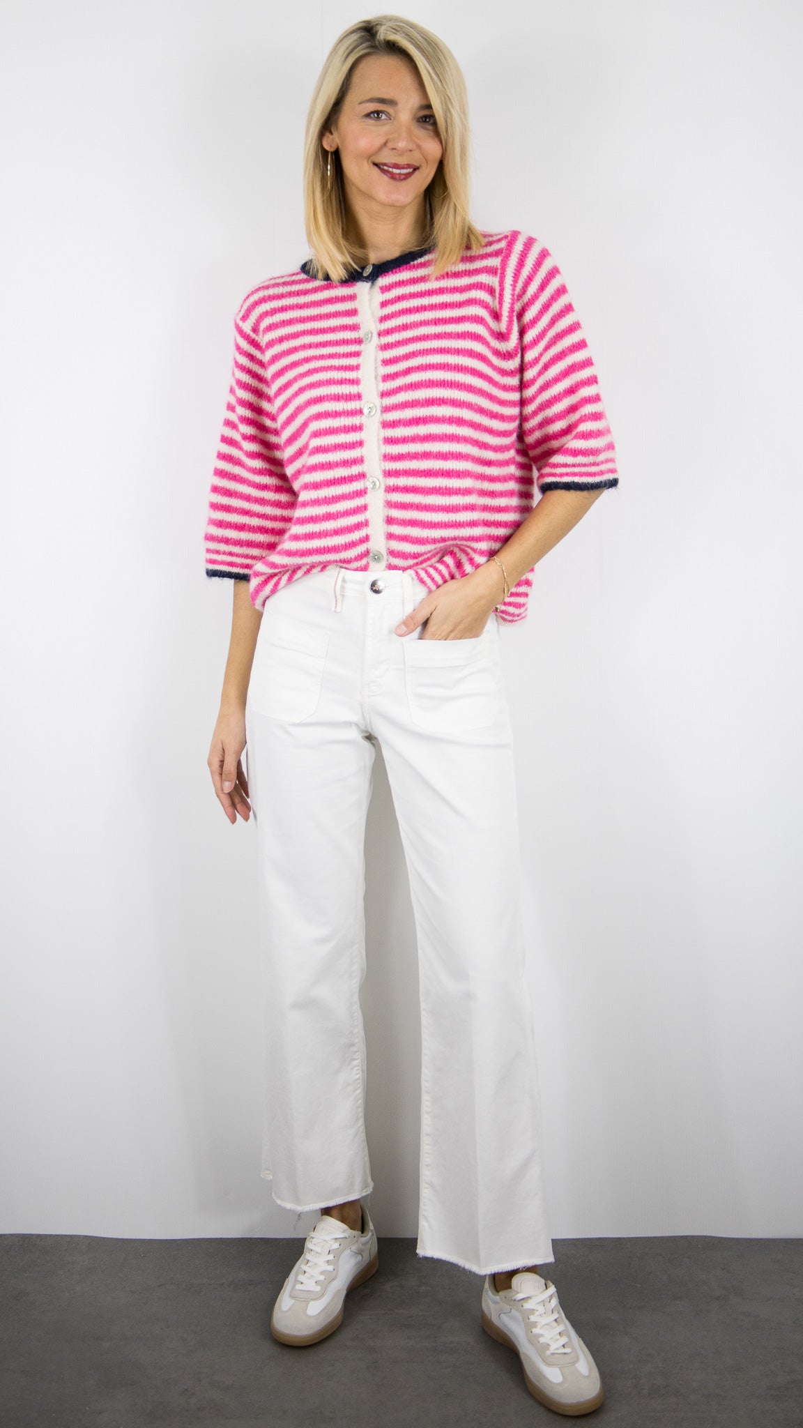 GILET CARDIGAN RAYE EN LAINE FUSCHIA MARINE LUK AP 8262