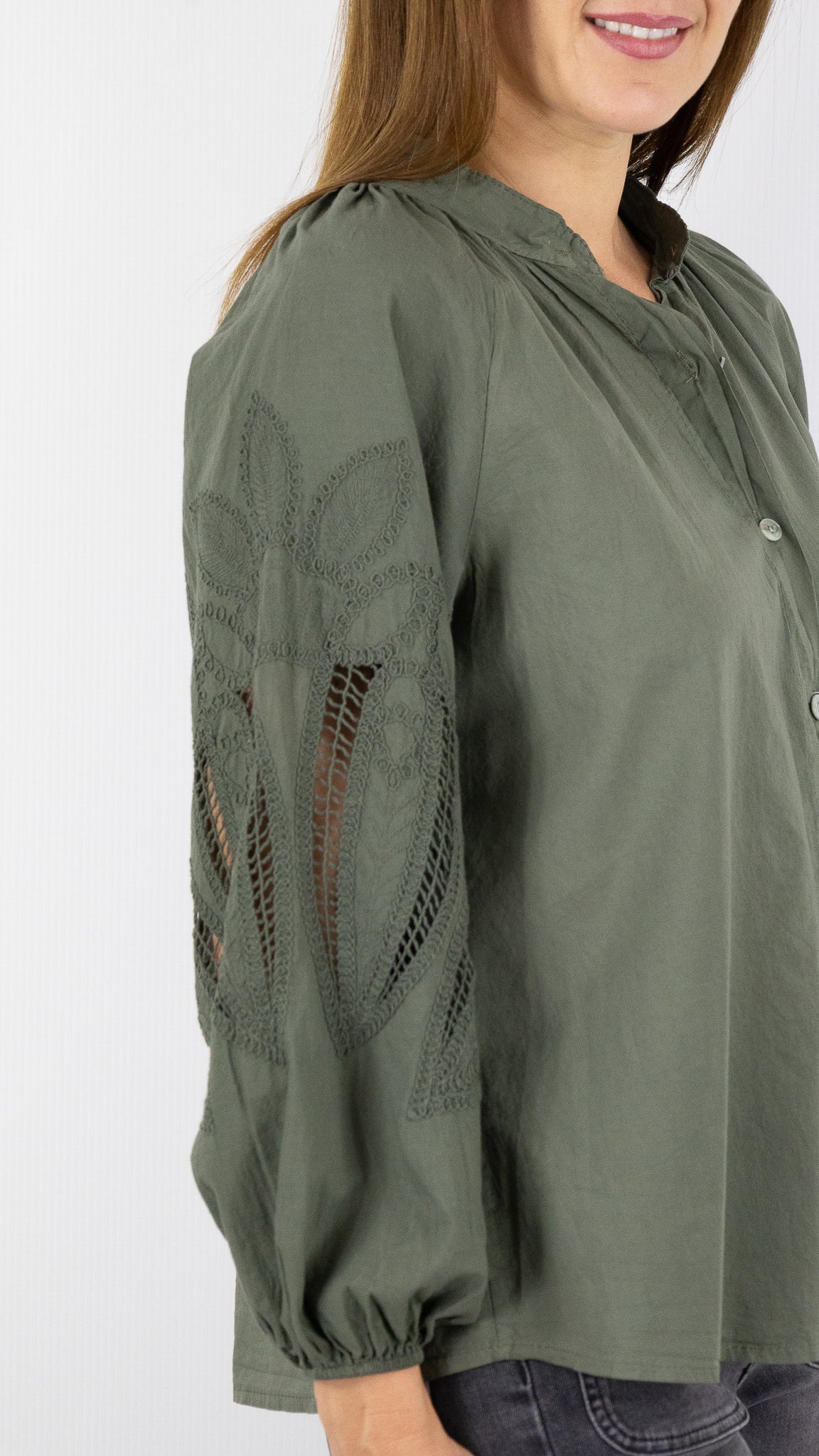 BLOUSE EVASEE BRODEE AJOUREE EN COTON ANDROMEDE 829753#COLOR_KAKI