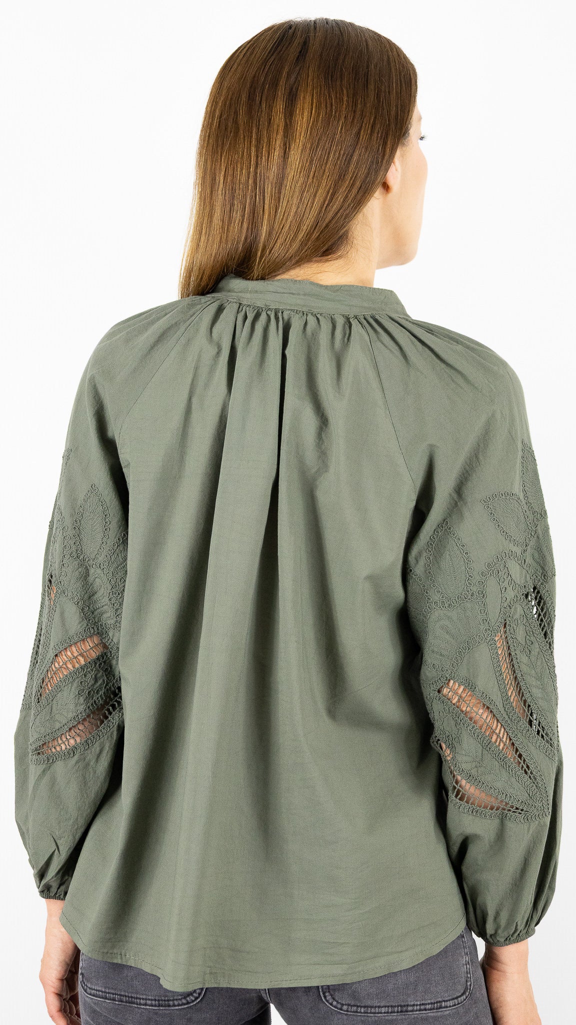 BLOUSE EVASEE BRODEE AJOUREE EN COTON ANDROMEDE 829753#COLOR_KAKI