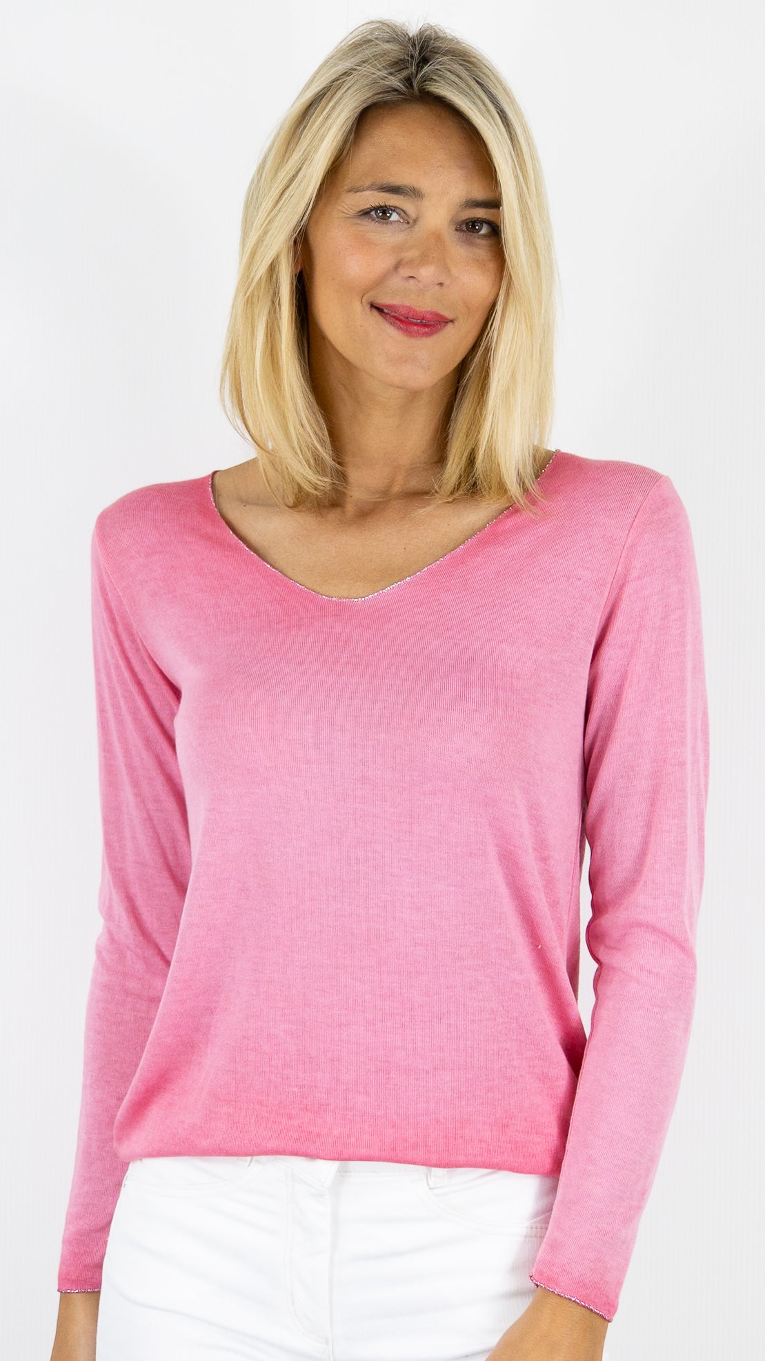 TEE-SHIRT COL V LUREX FRAMBOISE ANDROMEDE 8418 